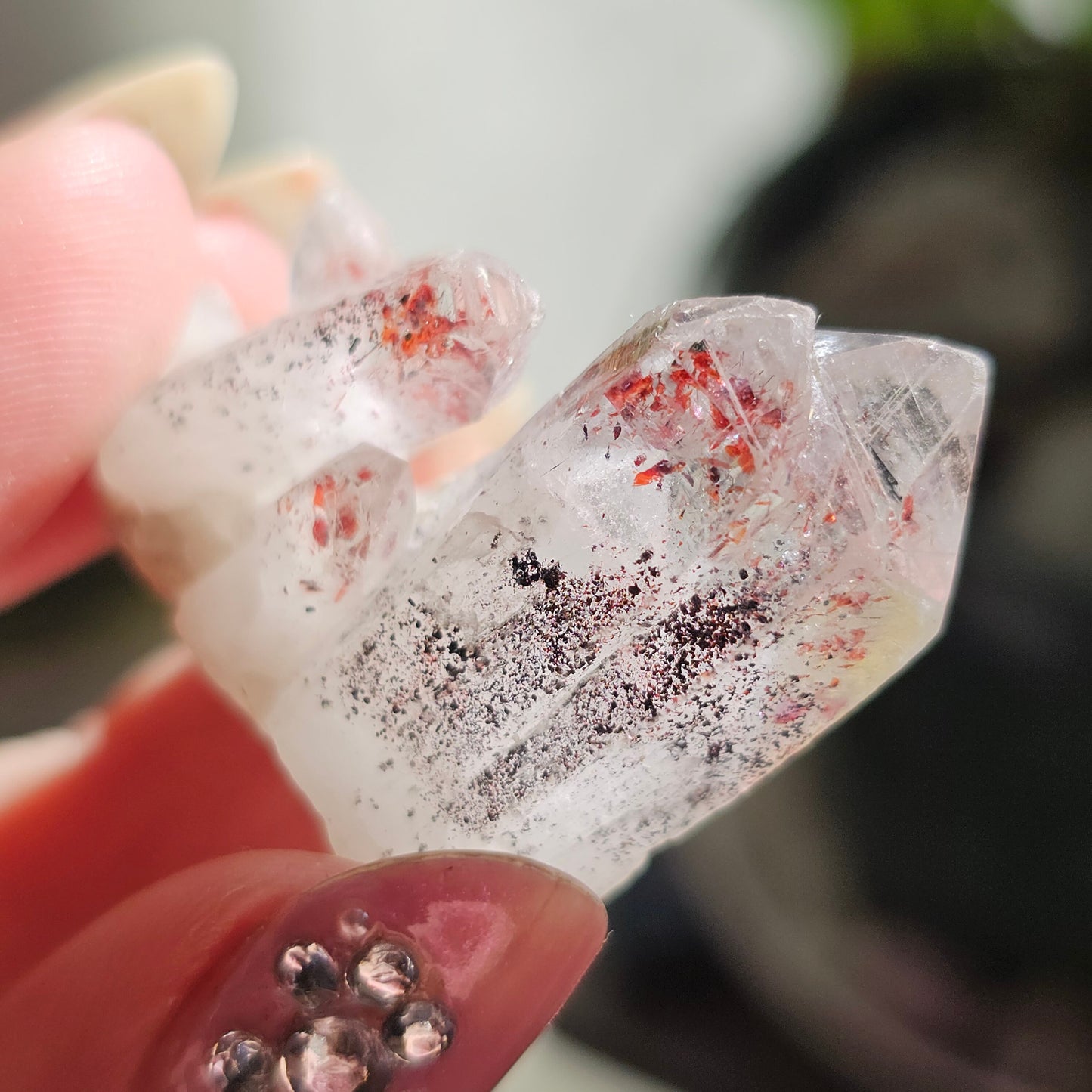 Harlequin Quartz, Hematite Phantom Quartz, 'Disco Fire' Crystal Cluster, Red Glitter Inclusions, Rare Small Find, Oyo State, Nigeria