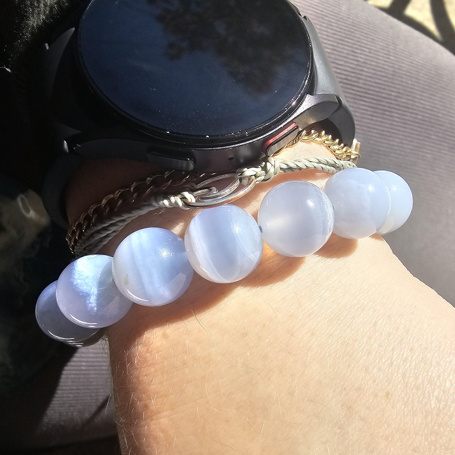 Blue Lace Agate, HQ Gemstone Bracelet, 12mm Rare Large High End, Gemmy Light Blue, Banded Agate, Milky Blue AAA Beads for Collector