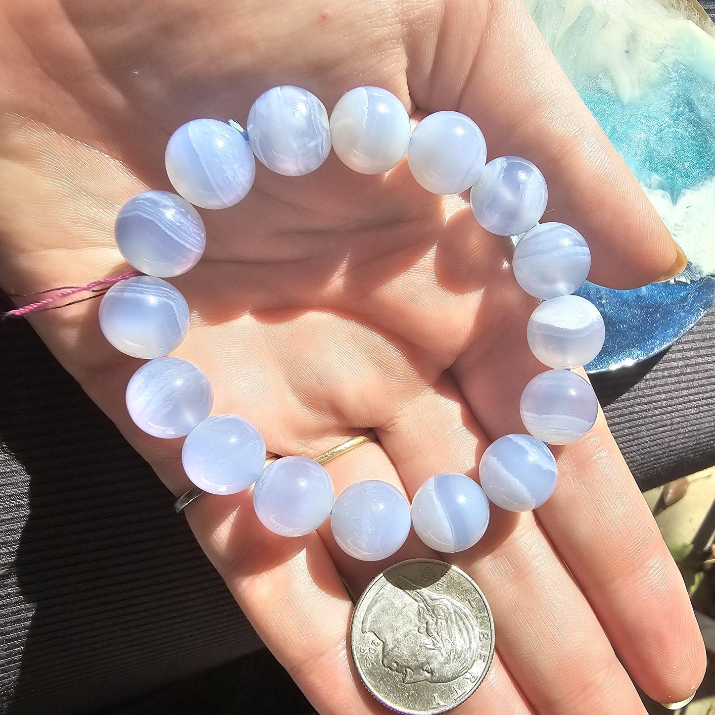 Blue Lace Agate, HQ Gemstone Bracelet, 12mm Rare Large High End, Gemmy Light Blue, Banded Agate, Milky Blue AAA Beads for Collector