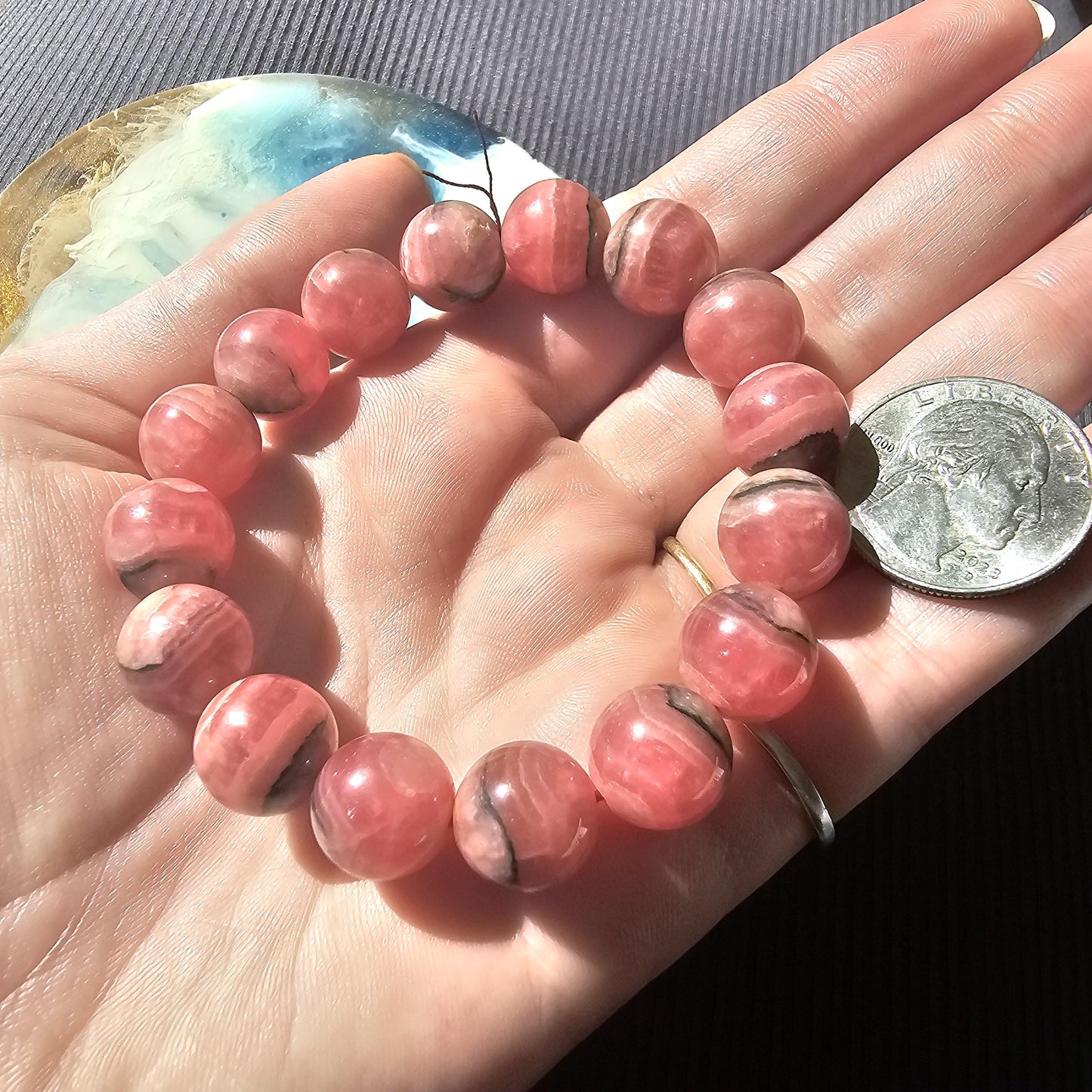 Rhodochrosite Bracelet, 12mm HQ High Grade, Gemmy Rhodo, Argentina, Large Beads, 57g Medium Size, Collectors Choice Crystal Gemstone Jewelry