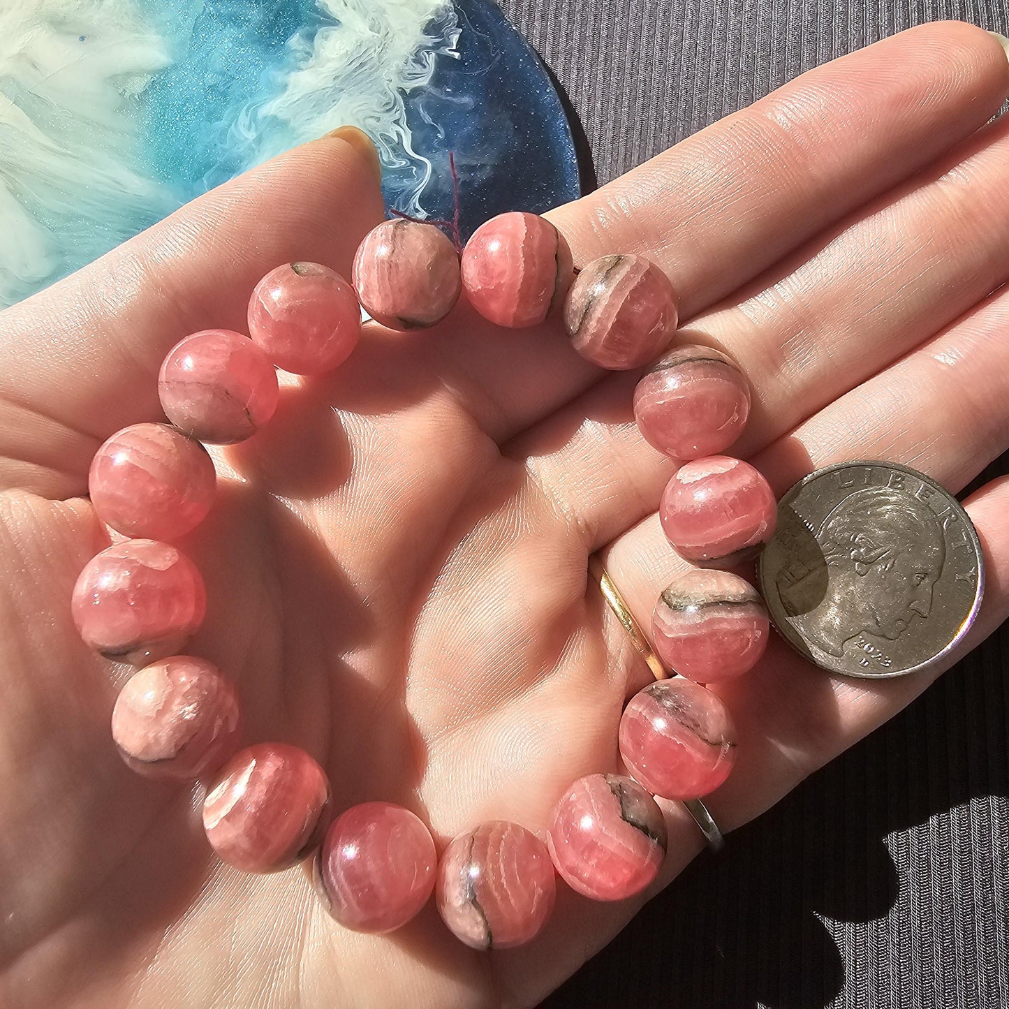 Rhodochrosite Bracelet, 12mm HQ High Grade, Gemmy Rhodo, Argentina, Large Beads, 57g Medium Size, Collectors Choice Crystal Gemstone Jewelry