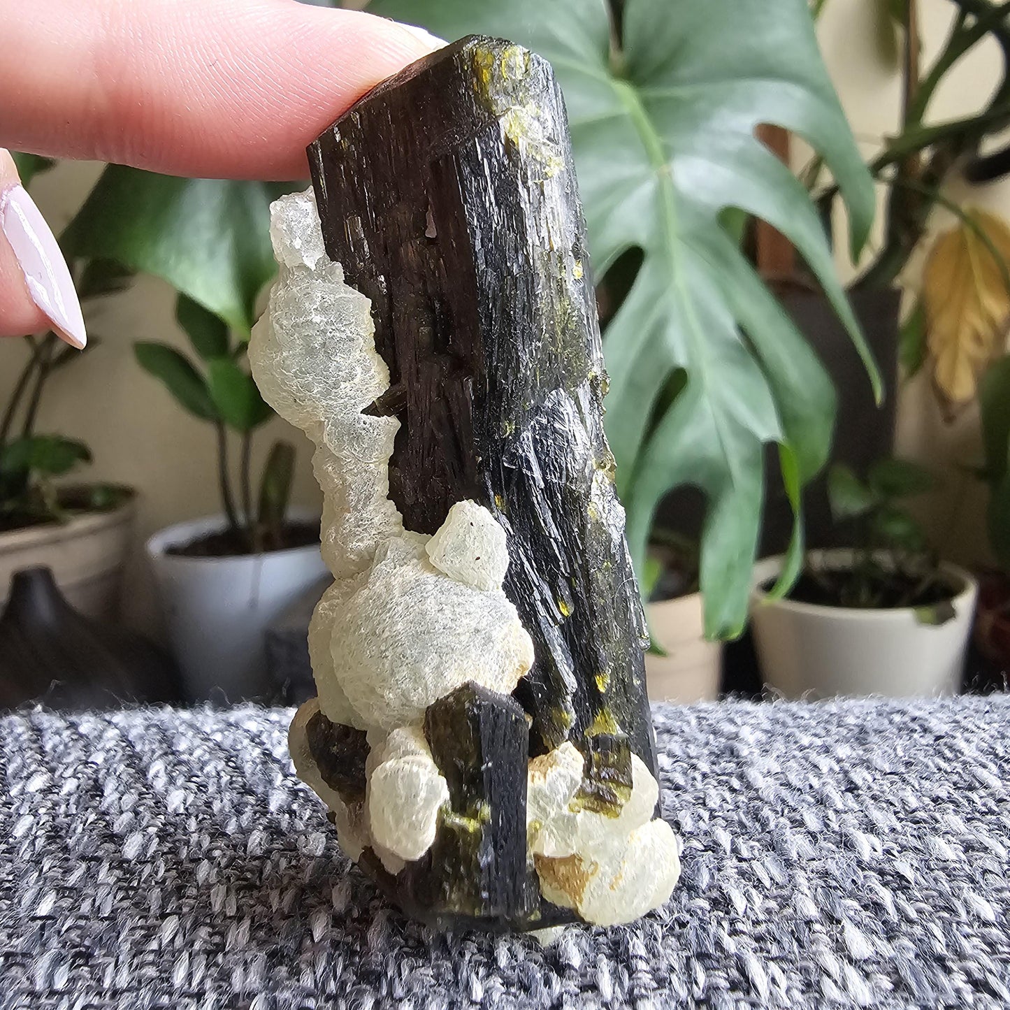 Terminated Large Deep Green Natural Epidote Crystal with Botryoidal Prehnite