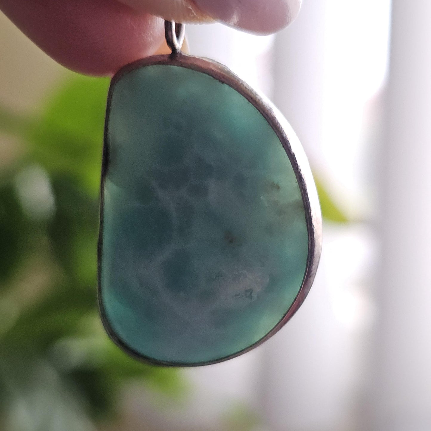 Larimar Pendant in 925 Silver, Blue Ocean Link Pattern, Rare Material, Dominican Republic, Baby Blue Translucent, Open Back, USA Made, OOAK
