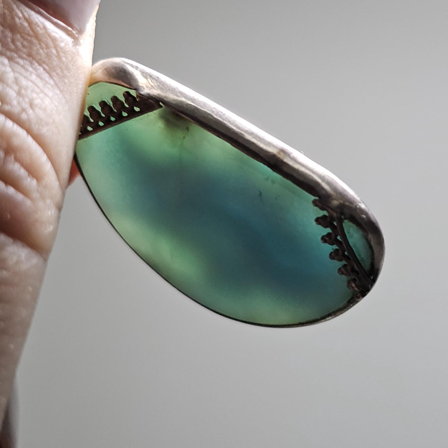 Larimar Pendant in 925 Silver, Blue Ocean Link Pattern, Rare Material, Dominican Republic, Baby Blue Translucent, Open Back, USA Made, OOAK