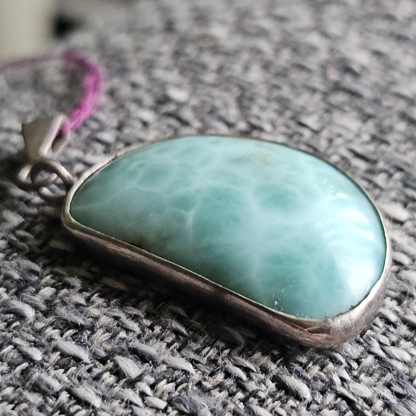 Larimar Pendant in 925 Silver, Blue Ocean Link Pattern, Rare Material, Dominican Republic, Baby Blue Translucent, Open Back, USA Made, OOAK