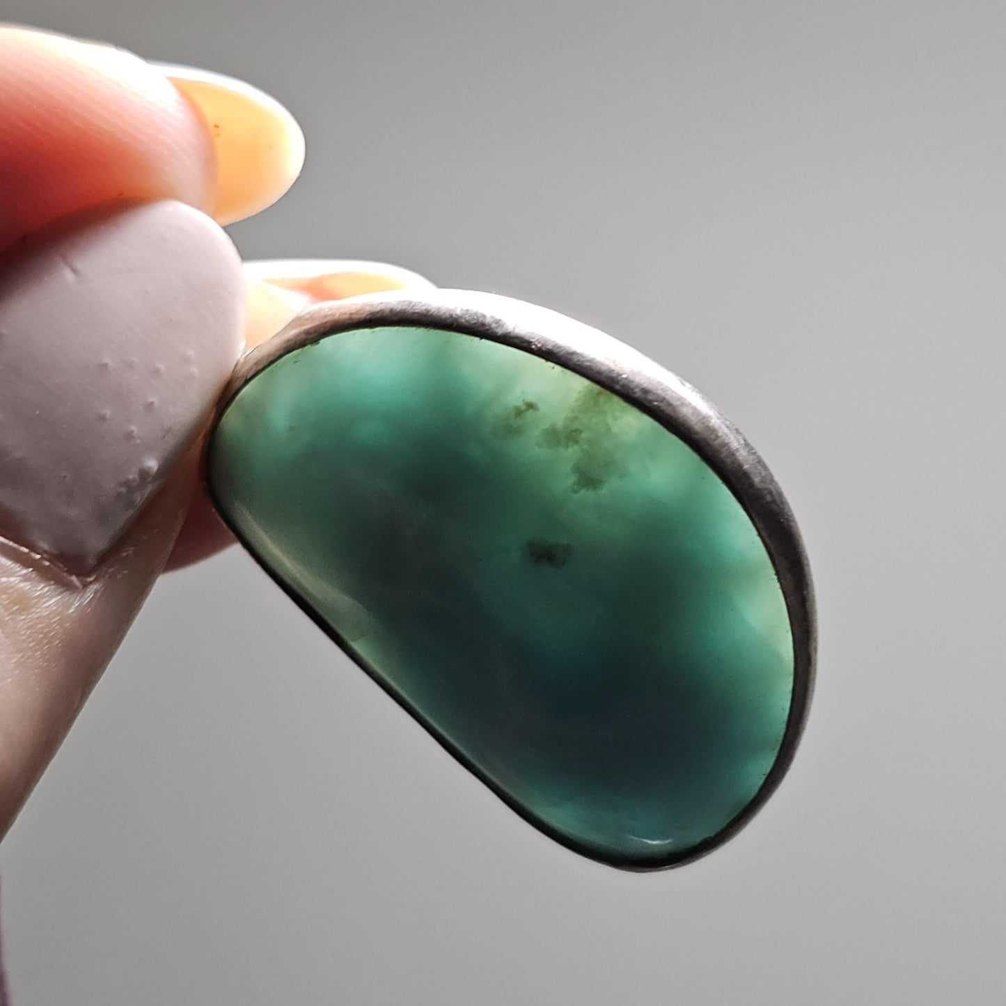Larimar Pendant in 925 Silver, Blue Ocean Link Pattern, Rare Material, Dominican Republic, Baby Blue Translucent, Open Back, USA Made, OOAK