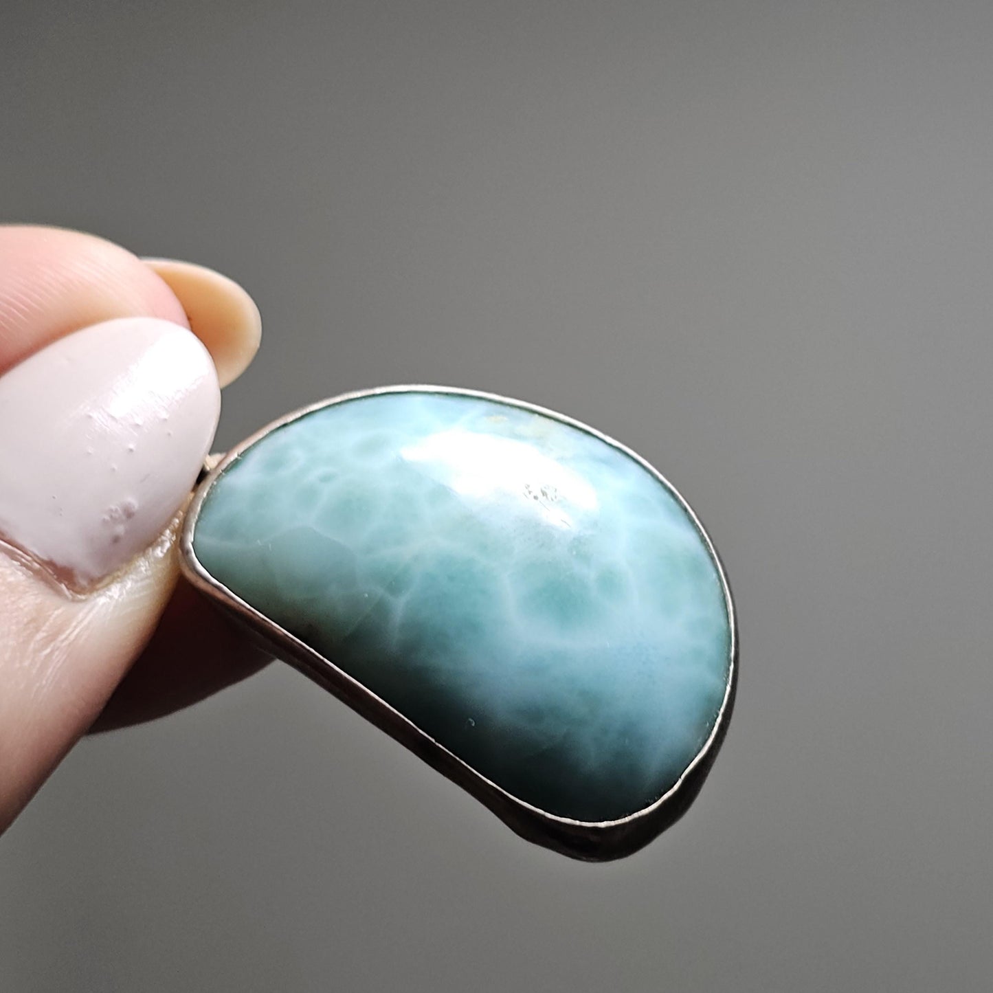 Larimar Pendant in 925 Silver, Blue Ocean Link Pattern, Rare Material, Dominican Republic, Baby Blue Translucent, Open Back, USA Made, OOAK