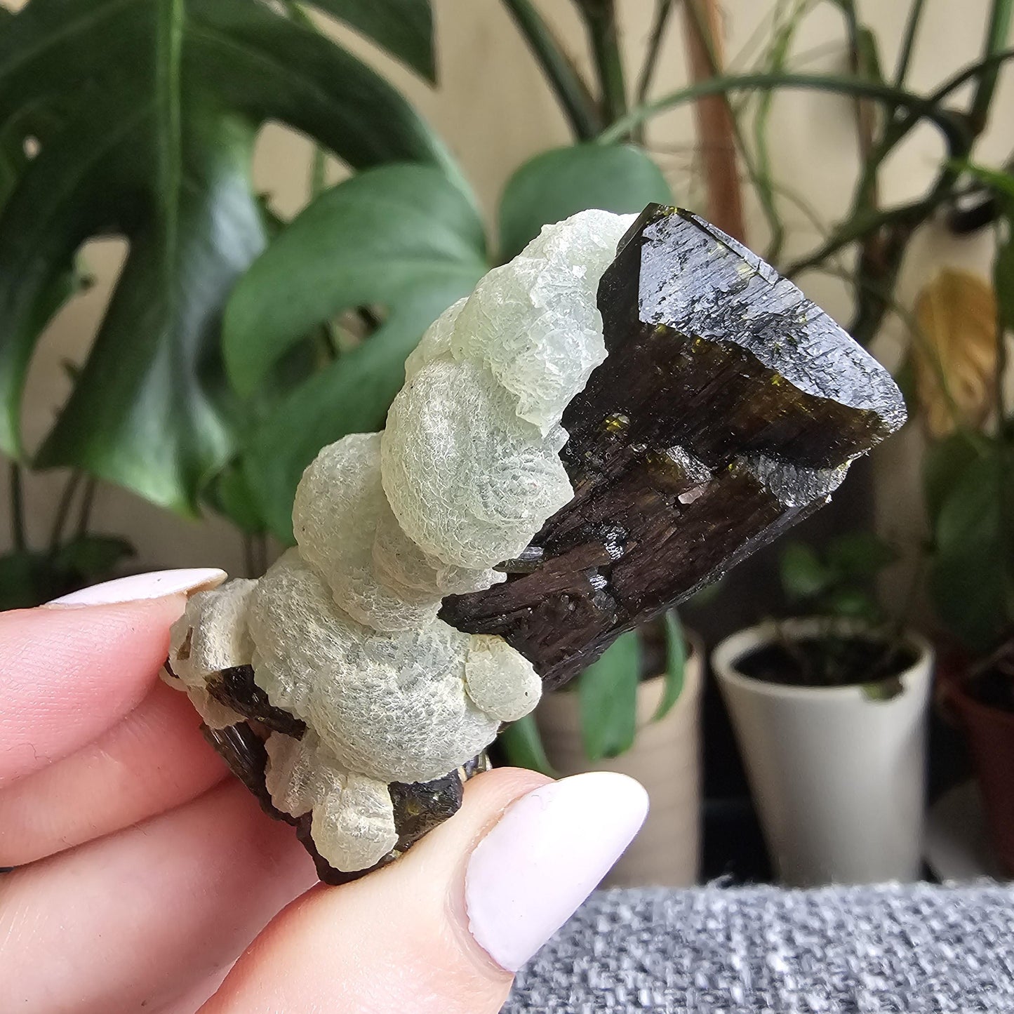 Terminated Large Deep Green Natural Epidote Crystal with Botryoidal Prehnite