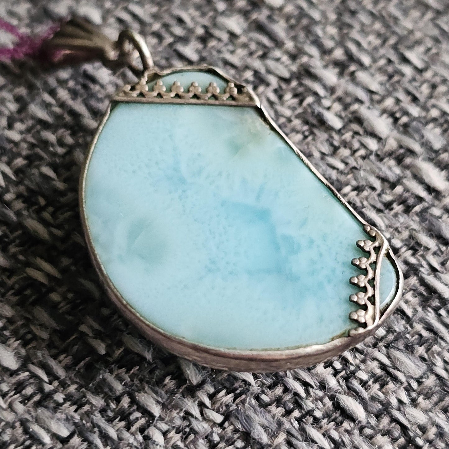 Larimar Pendant in 925 Silver, Blue Ocean Link Pattern, Rare Material, Dominican Republic, Baby Blue Translucent, Open Back, USA Made, OOAK