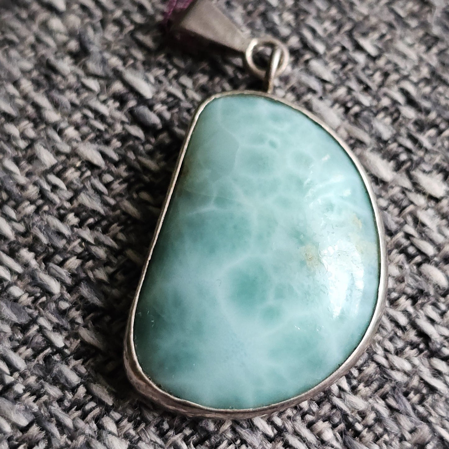 Larimar Pendant in 925 Silver, Blue Ocean Link Pattern, Rare Material, Dominican Republic, Baby Blue Translucent, Open Back, USA Made, OOAK