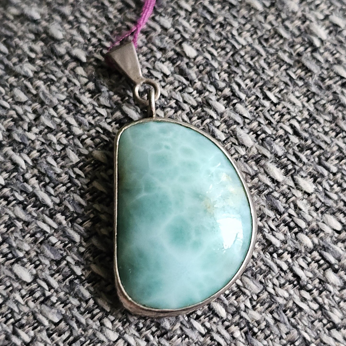 Larimar Pendant in 925 Silver, Blue Ocean Link Pattern, Rare Material, Dominican Republic, Baby Blue Translucent, Open Back, USA Made, OOAK