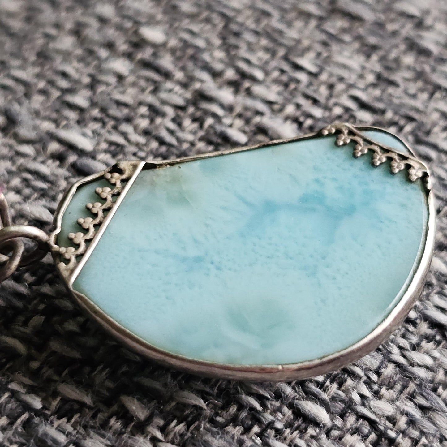 Larimar Pendant in 925 Silver, Blue Ocean Link Pattern, Rare Material, Dominican Republic, Baby Blue Translucent, Open Back, USA Made, OOAK