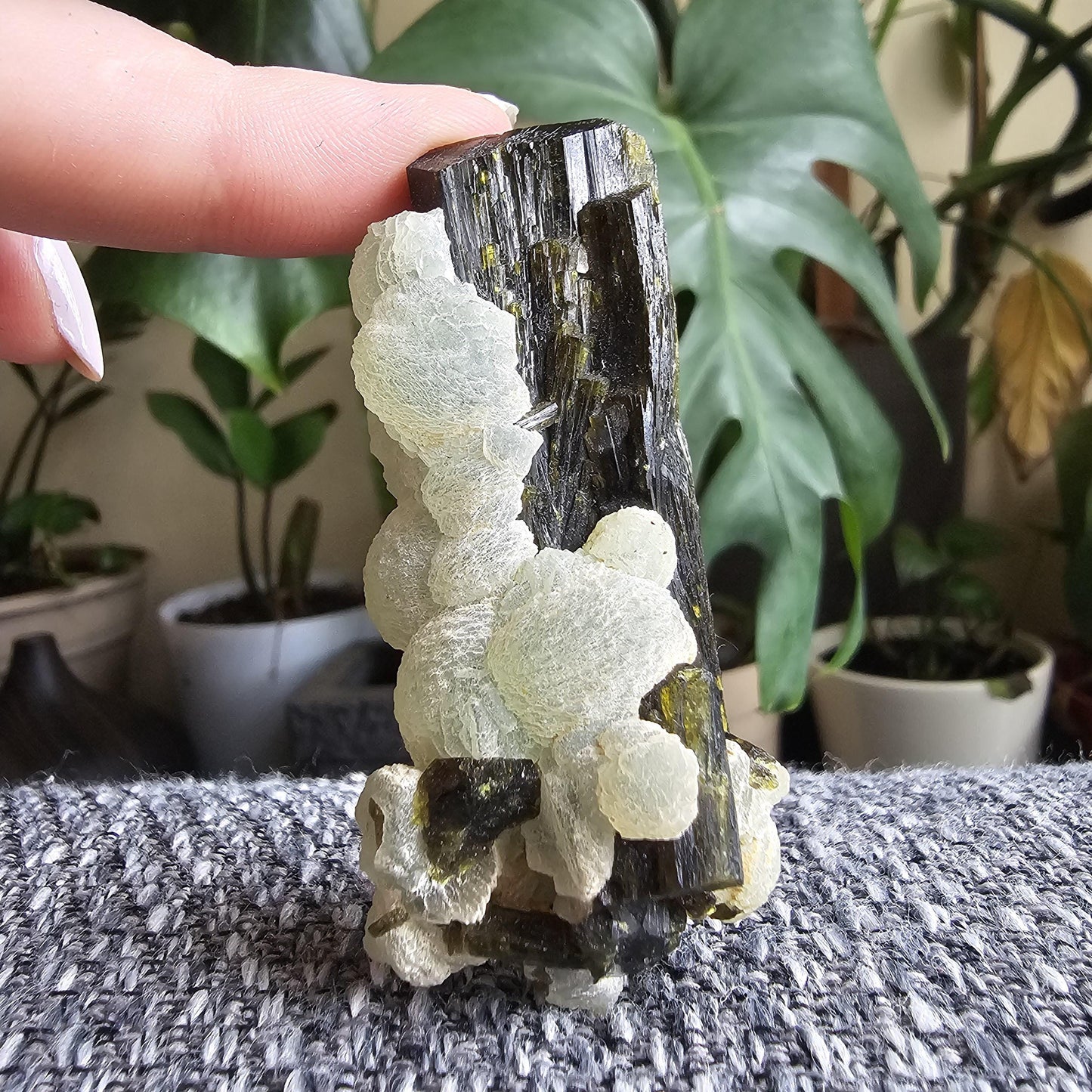 Terminated Large Deep Green Natural Epidote Crystal with Botryoidal Prehnite