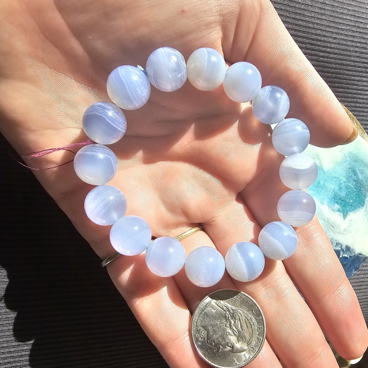 Blue Lace Agate, HQ Gemstone Bracelet, 12mm Rare Large High End, Gemmy Light Blue, Banded Agate, Milky Blue AAA Beads for Collector