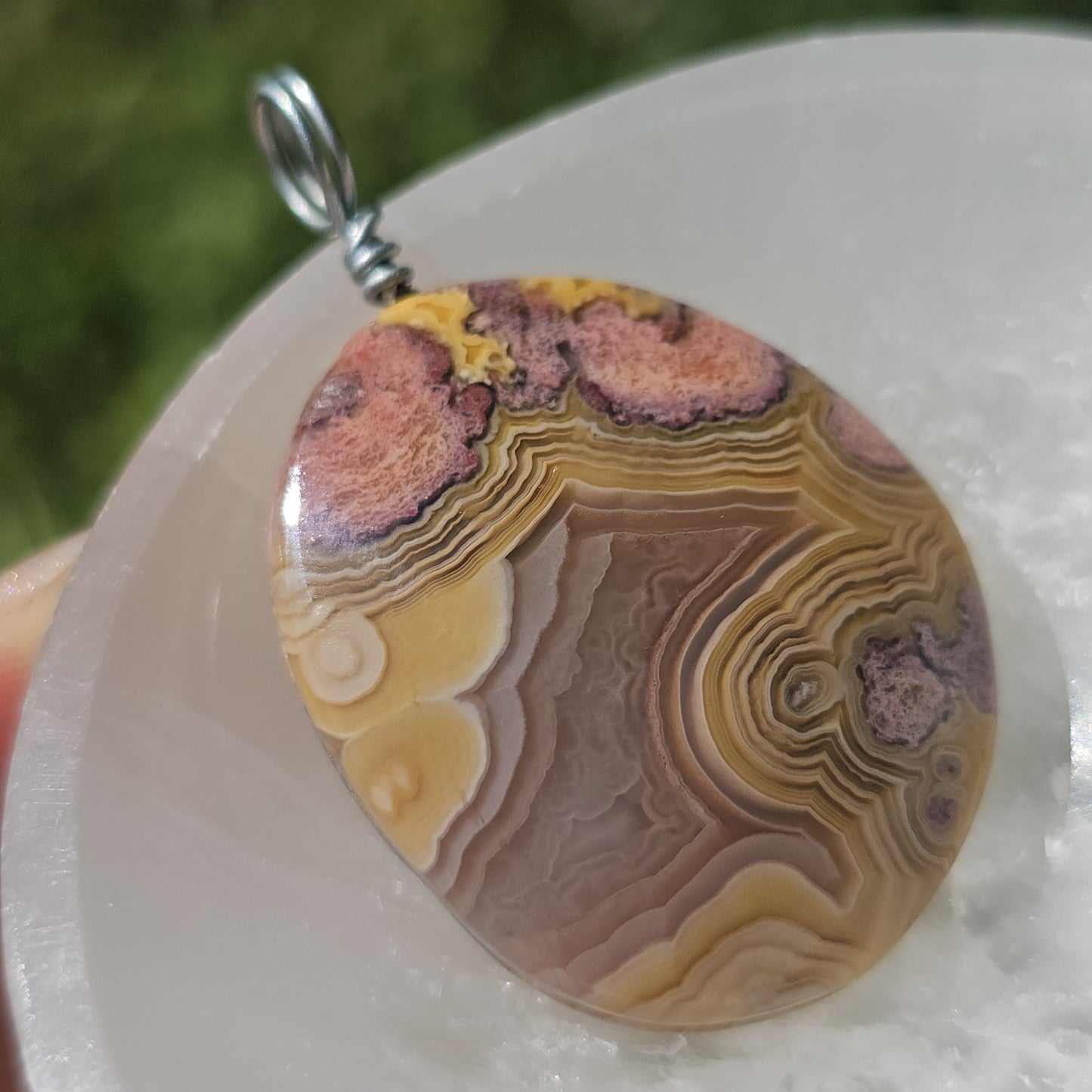 Sunset Laguna Agate Pendant w Druzy in Simple Sterling Silver Setting