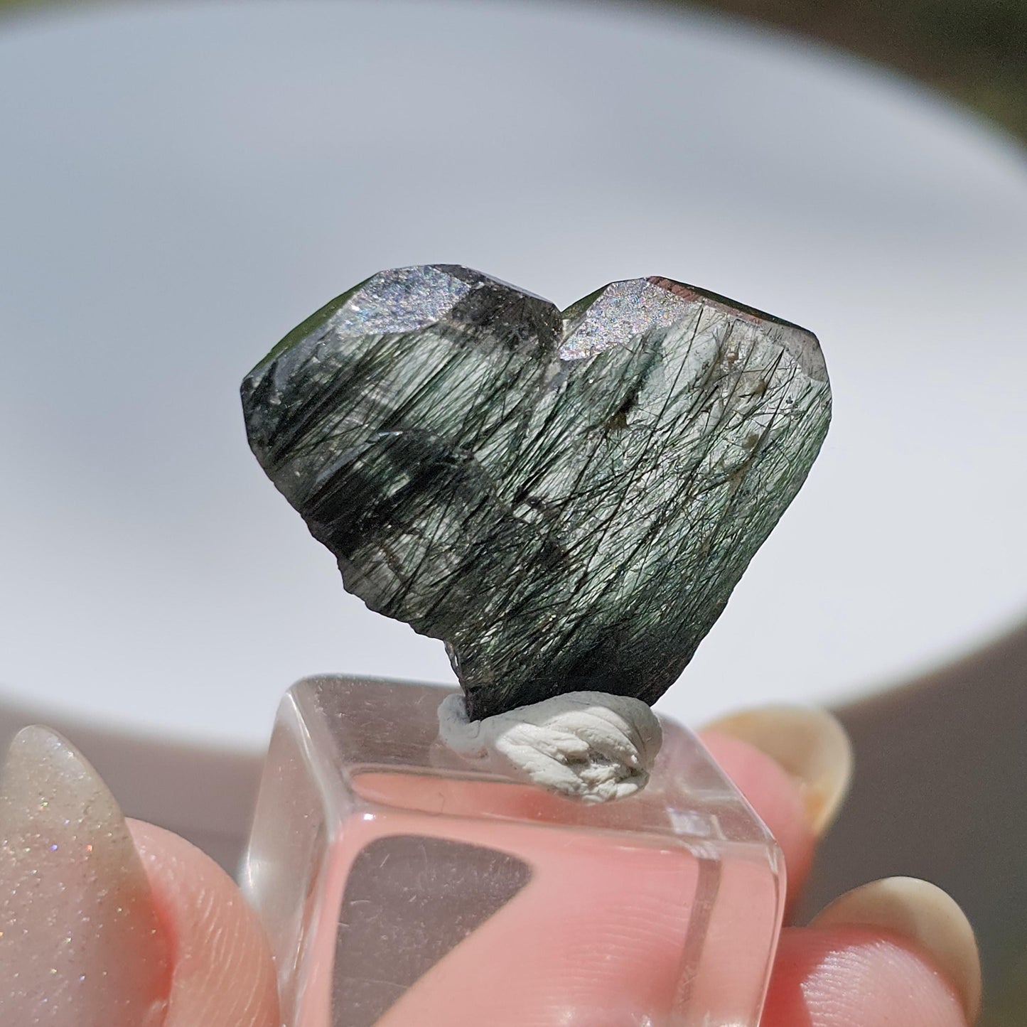 Apatite with Actinolite, Rutile-like Inclusions, Rare Lavender Twinned Crystal in Heart Shape with Forest Green Inside, Collector Specimen
