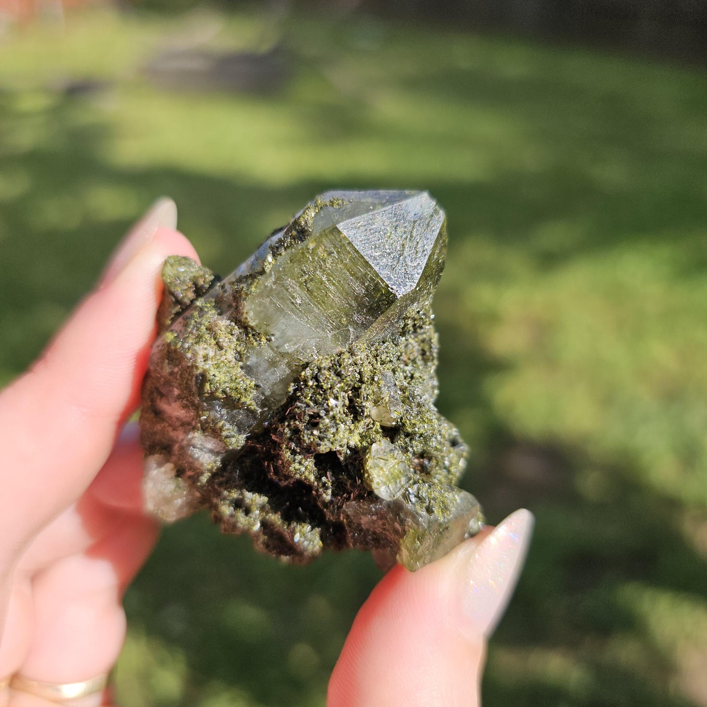Clear Terminated Quartz with Green Epidote Inclusions & Matrix