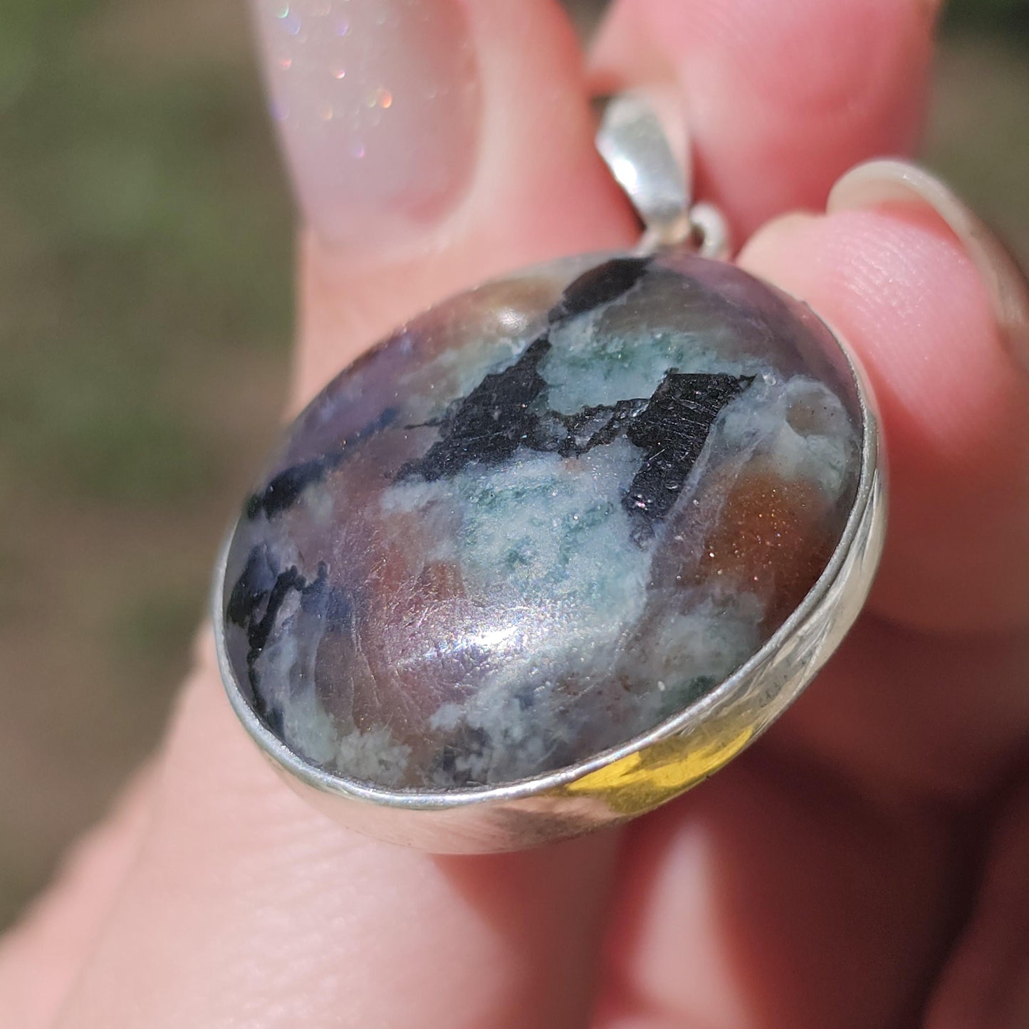 Cordierite Pendant in Sterling Silver, Bezel Set Rare Sunstone Iolite Feldspar from Norway