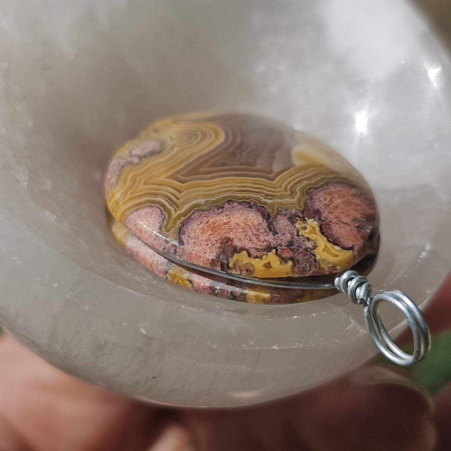 Sunset Laguna Agate Pendant w Druzy in Simple Sterling Silver Setting