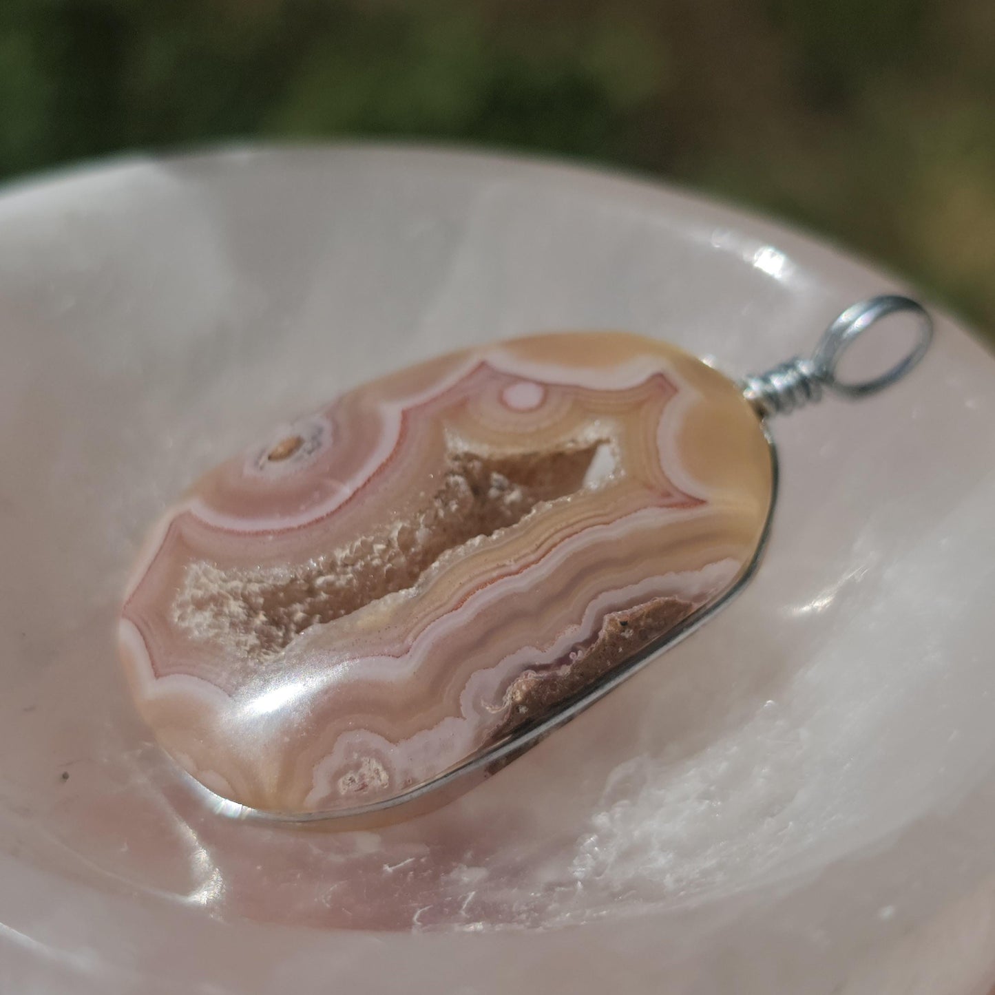 Sunset Laguna Agate Pendant w Druzy in Simple Sterling Silver Setting <100