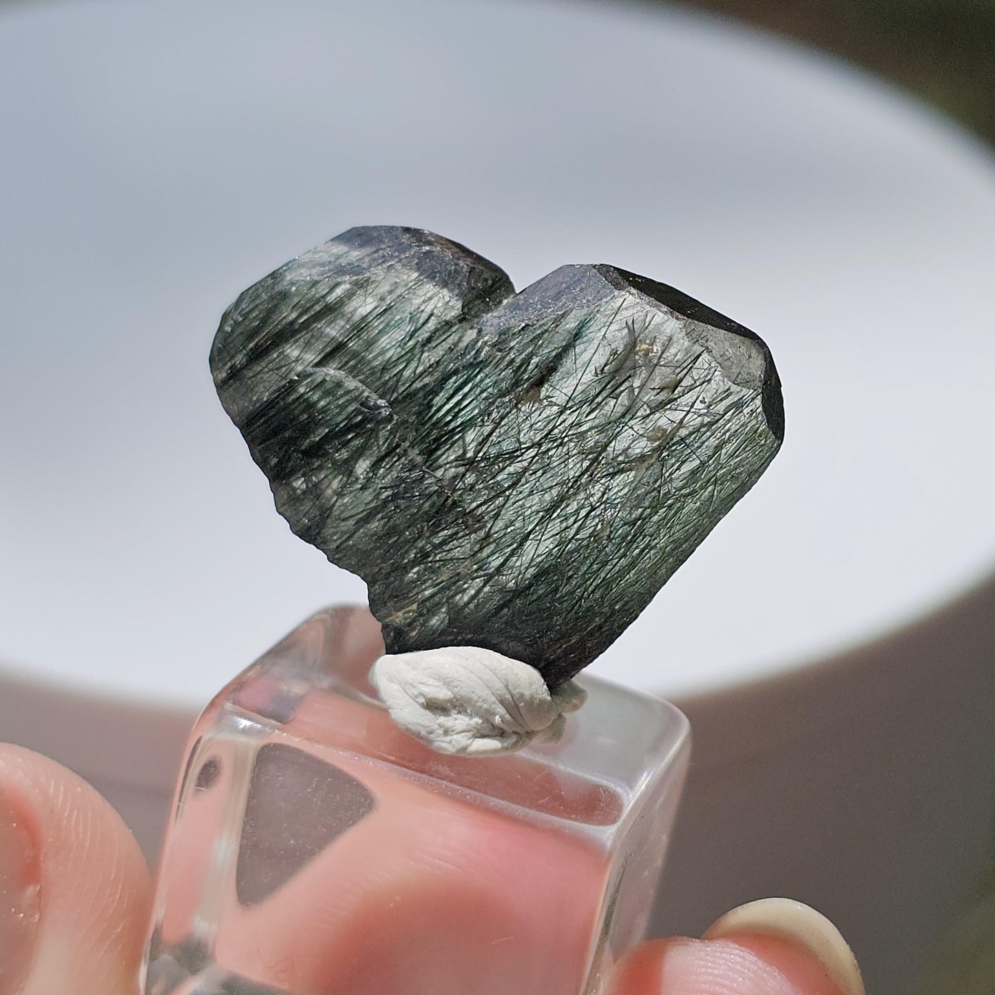Apatite with Actinolite, Rutile-like Inclusions, Rare Lavender Twinned Crystal in Heart Shape with Forest Green Inside, Collector Specimen