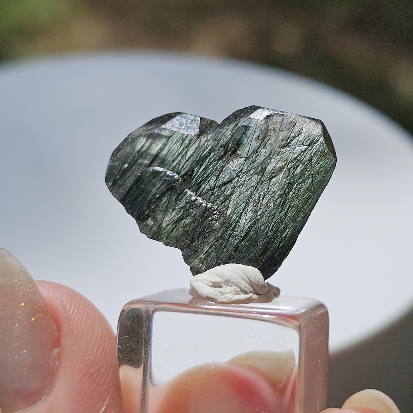 Apatite with Actinolite, Rutile-like Inclusions, Rare Lavender Twinned Crystal in Heart Shape with Forest Green Inside, Collector Specimen