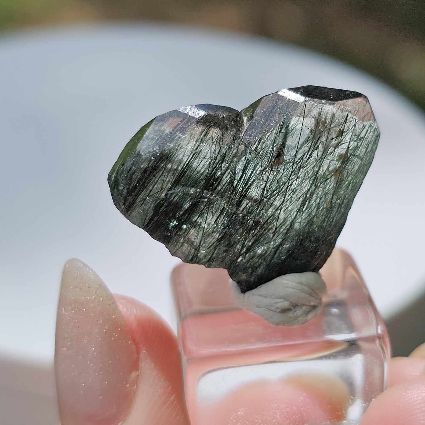 Apatite with Actinolite, Rutile-like Inclusions, Rare Lavender Twinned Crystal in Heart Shape with Forest Green Inside, Collector Specimen