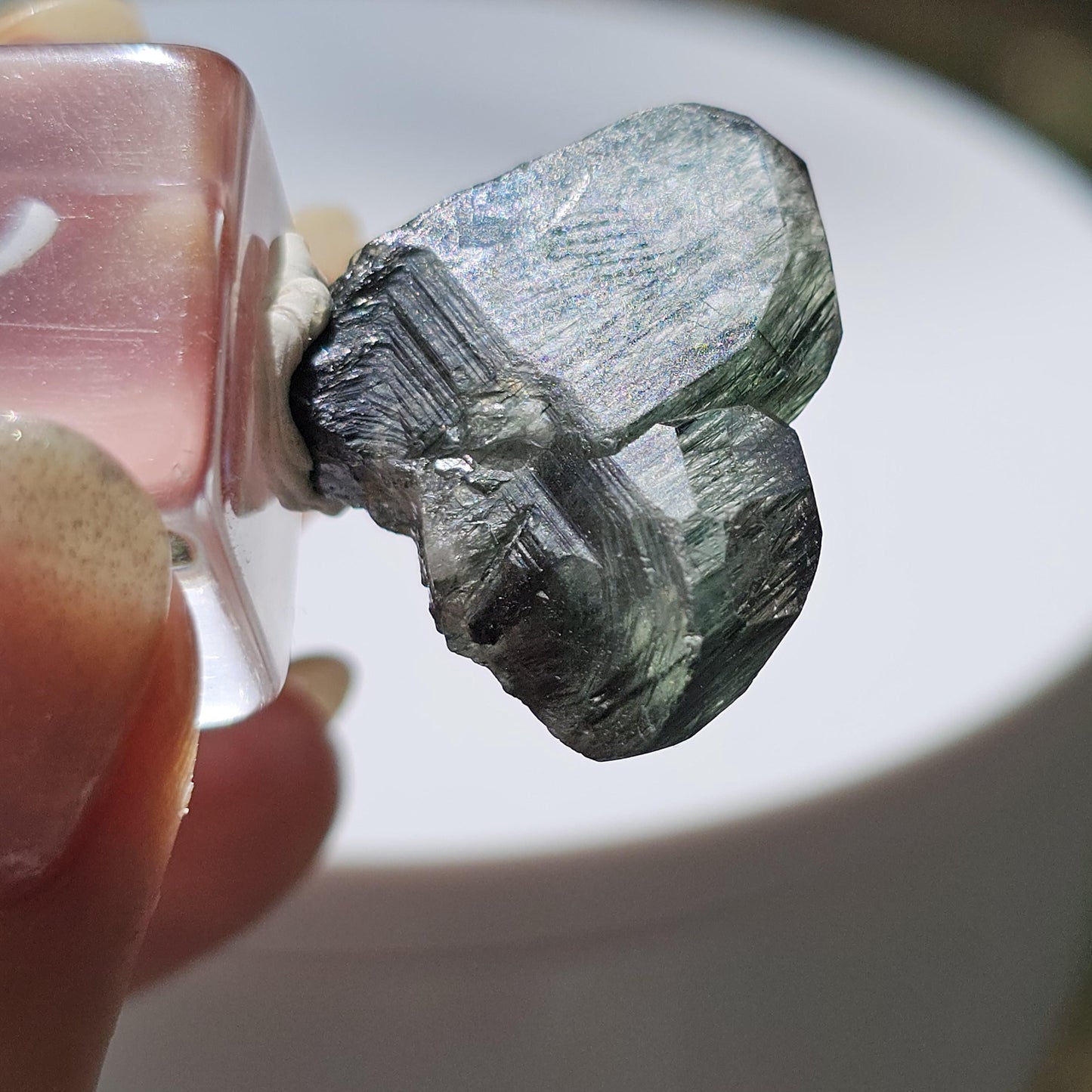 Apatite with Actinolite, Rutile-like Inclusions, Rare Lavender Twinned Crystal in Heart Shape with Forest Green Inside, Collector Specimen