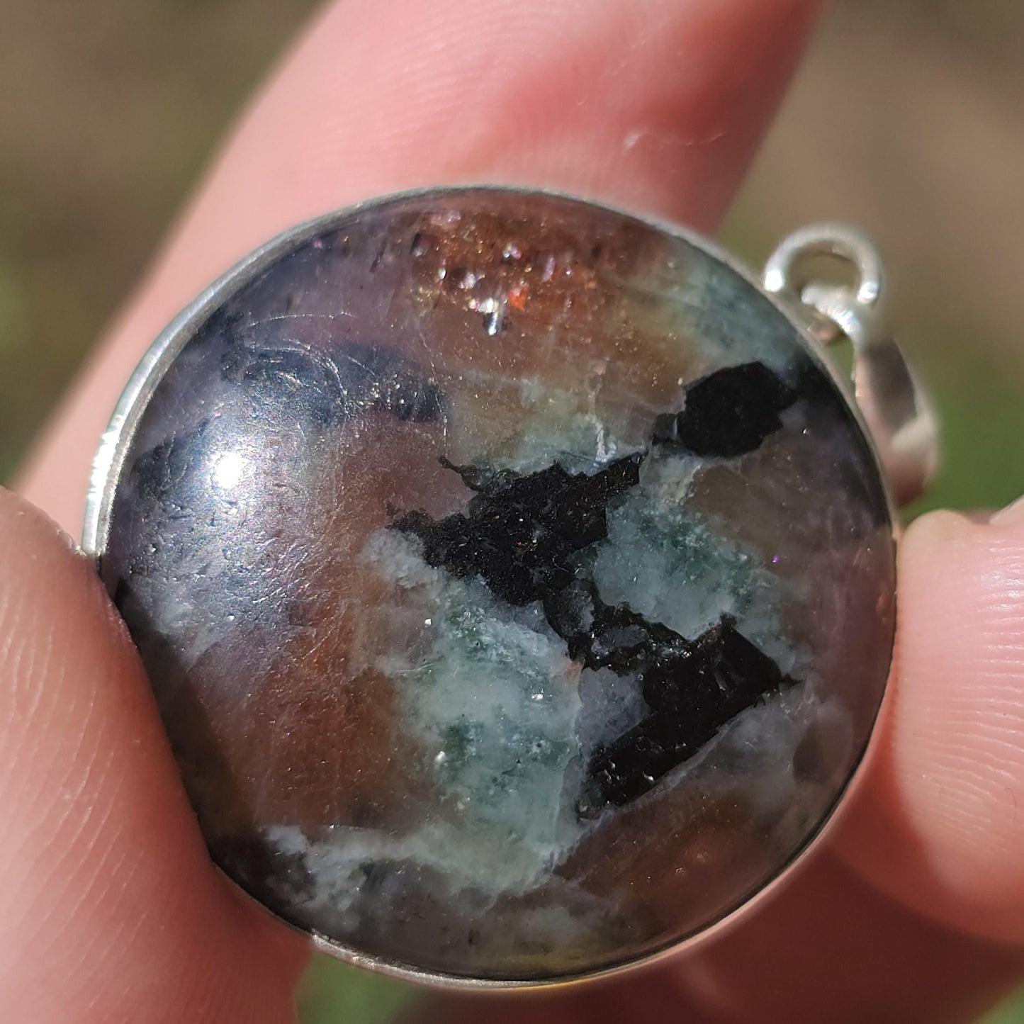 Cordierite Pendant in Sterling Silver, Bezel Set Rare Sunstone Iolite Feldspar from Norway