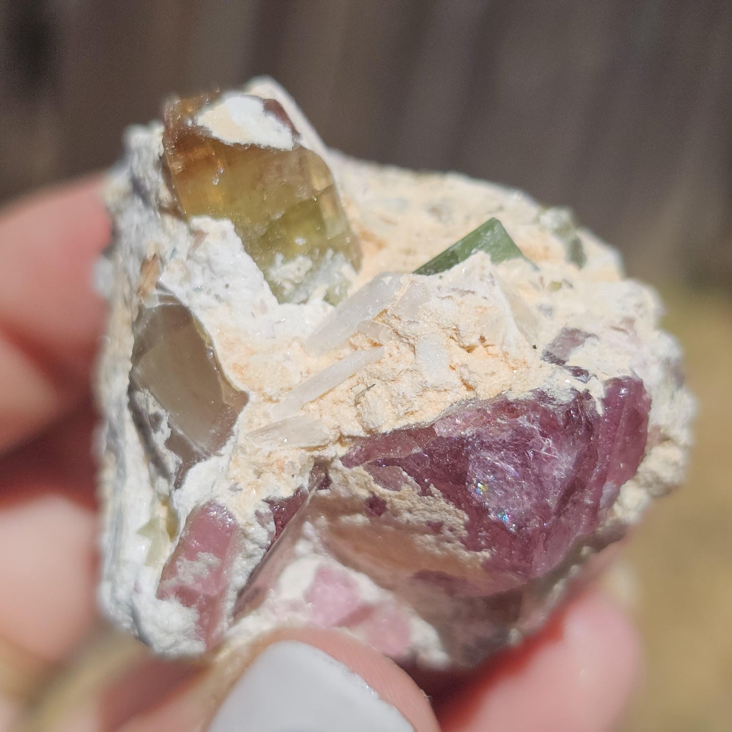 Parti-colored Tourmaline from the California Himalaya Mine ~ Pink, Teal Green and Orange Elbaite on Matrix, Source Traced 90s Material