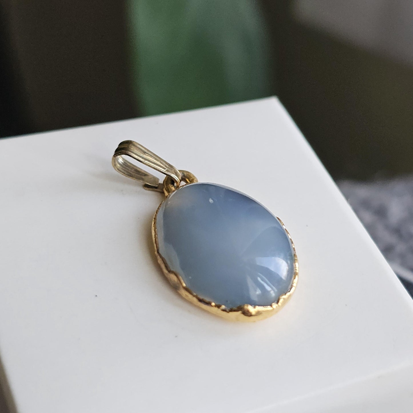 Ellensberg Blue Agate in 22kt Gold Electroplated Pendant Setting , Washington State Designer Gemstone Cabochon
