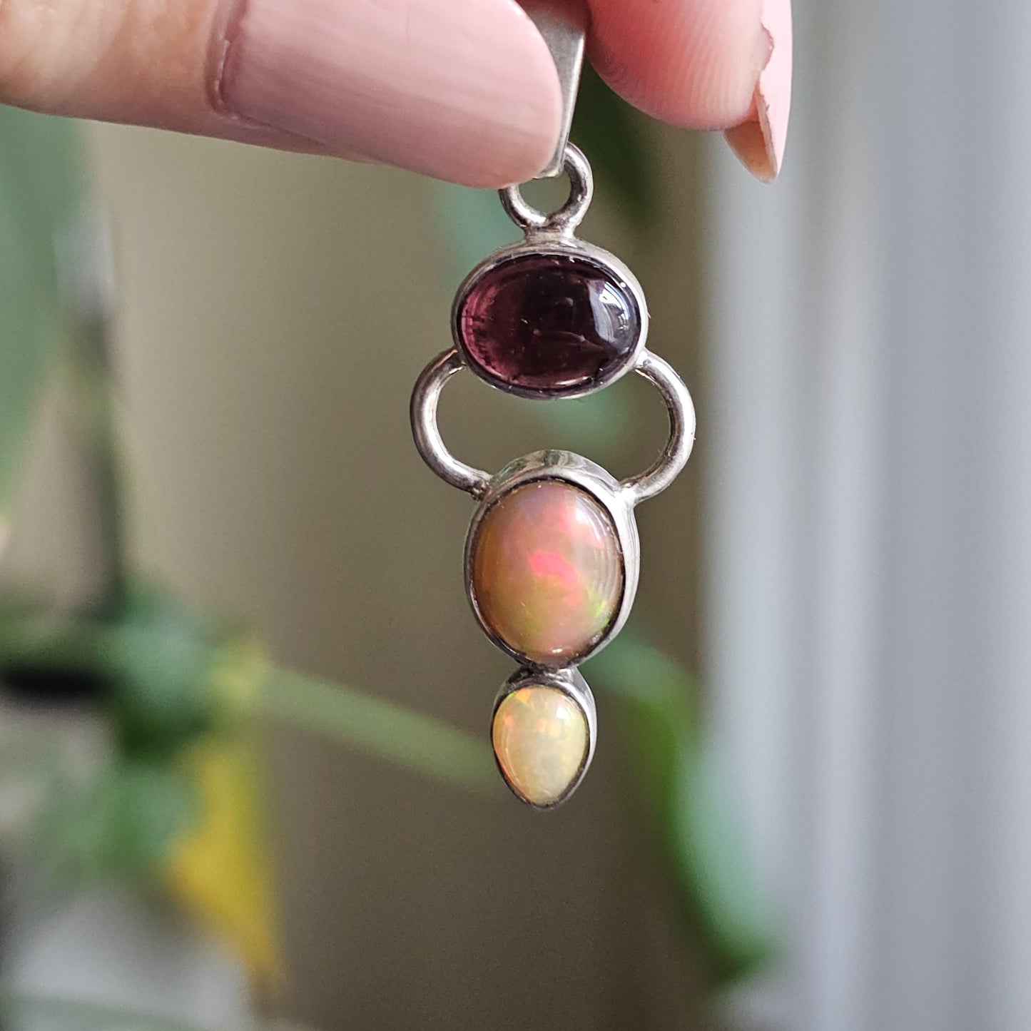 Opal and Garnet Pendant ~ Goddess Shape 925 Sterling Silver with Deep Red Garnet Cabochon and Welo Opals