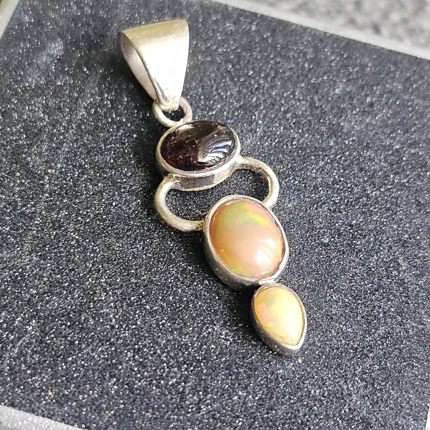 Opal and Garnet Pendant ~ Goddess Shape 925 Sterling Silver with Deep Red Garnet Cabochon and Welo Opals