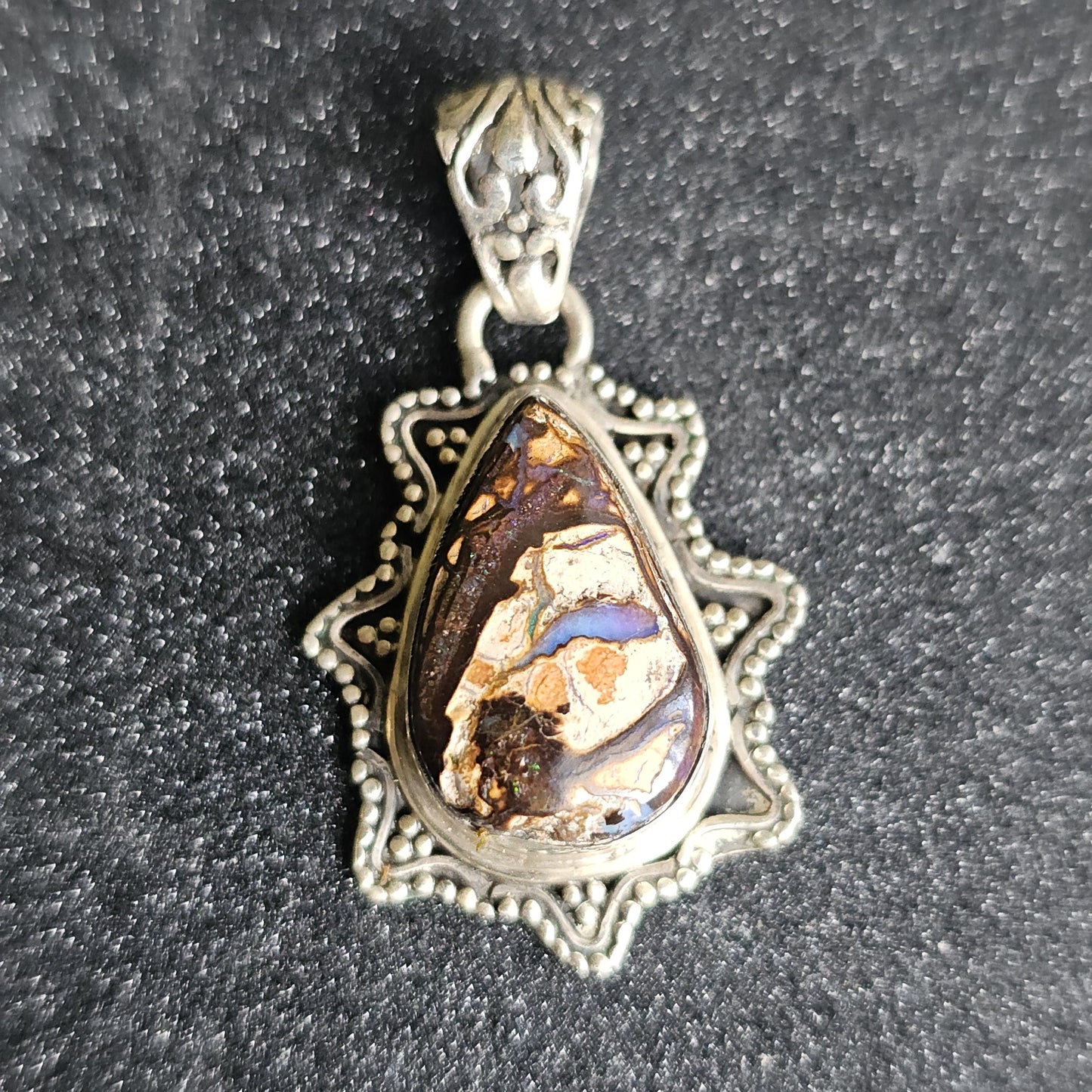 Vintage Boulder Opal Pendant in Sterling, Teardrop Shaped with Designer 925 Silver work