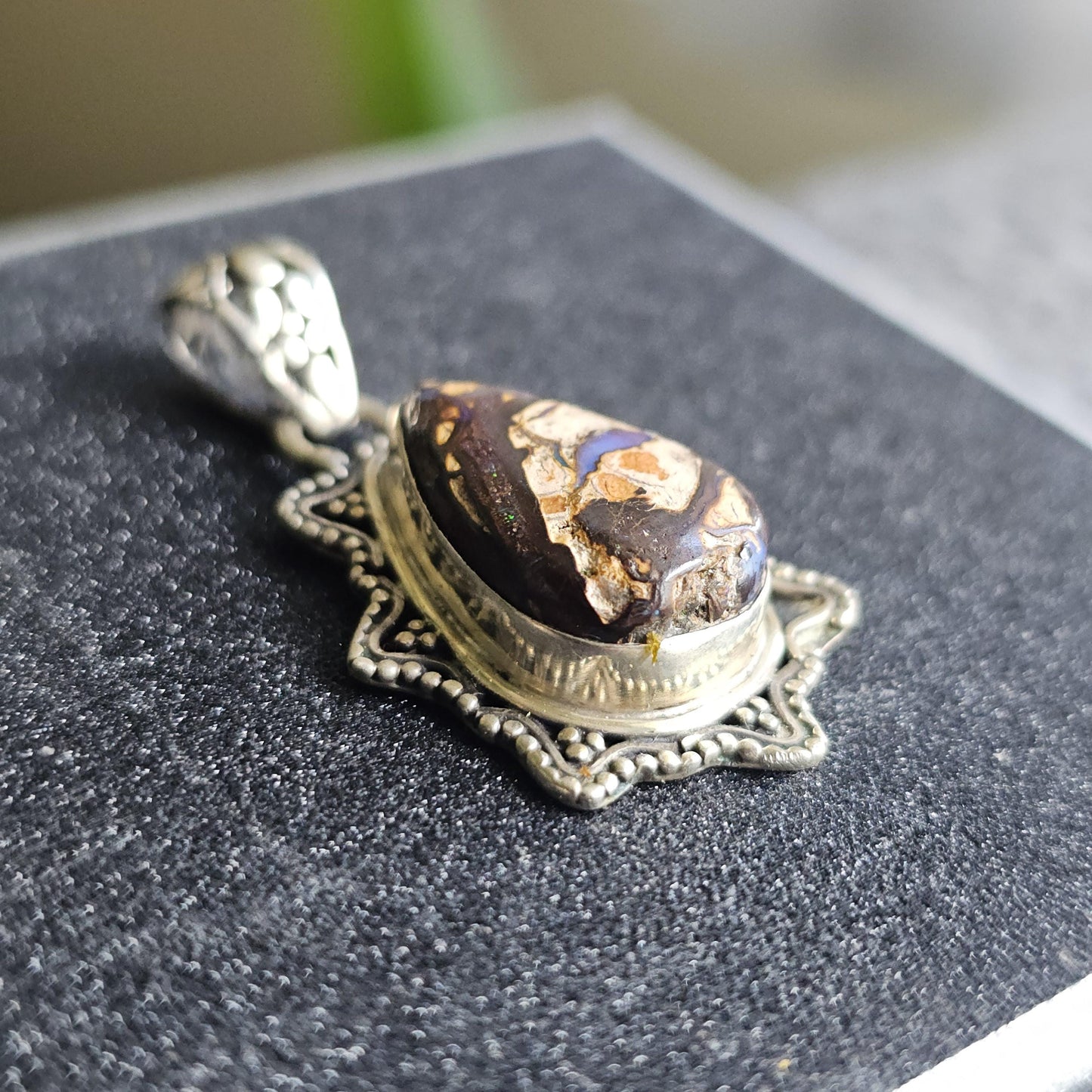 Vintage Boulder Opal Pendant in Sterling, Teardrop Shaped with Designer 925 Silver work