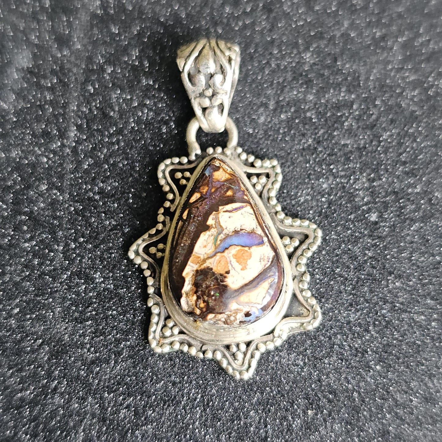 Vintage Boulder Opal Pendant in Sterling, Teardrop Shaped with Designer 925 Silver work