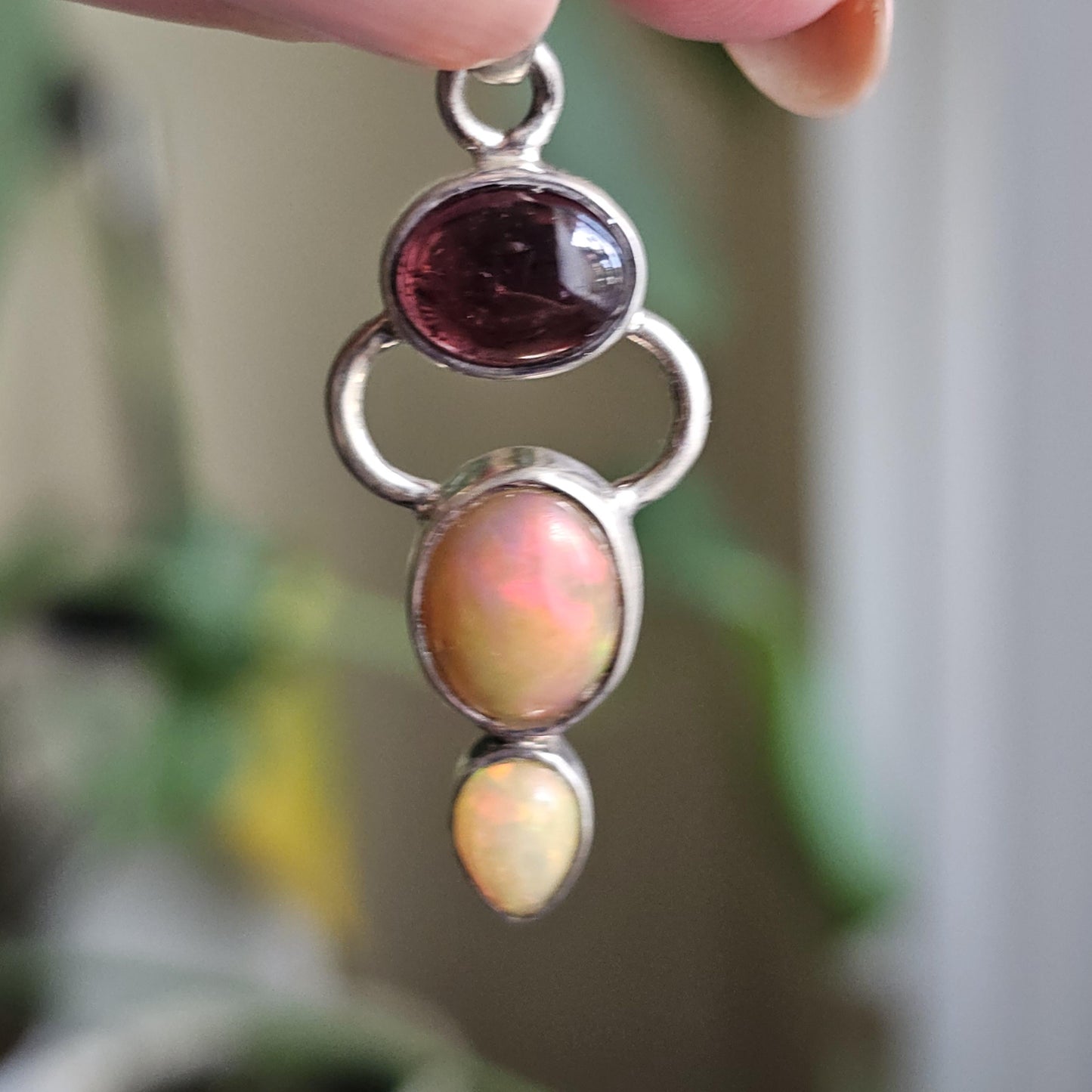 Opal and Garnet Pendant ~ Goddess Shape 925 Sterling Silver with Deep Red Garnet Cabochon and Welo Opals