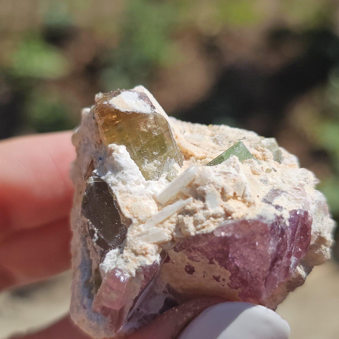 Parti-colored Tourmaline from the California Himalaya Mine ~ Pink, Teal Green and Orange Elbaite on Matrix, Source Traced 90s Material