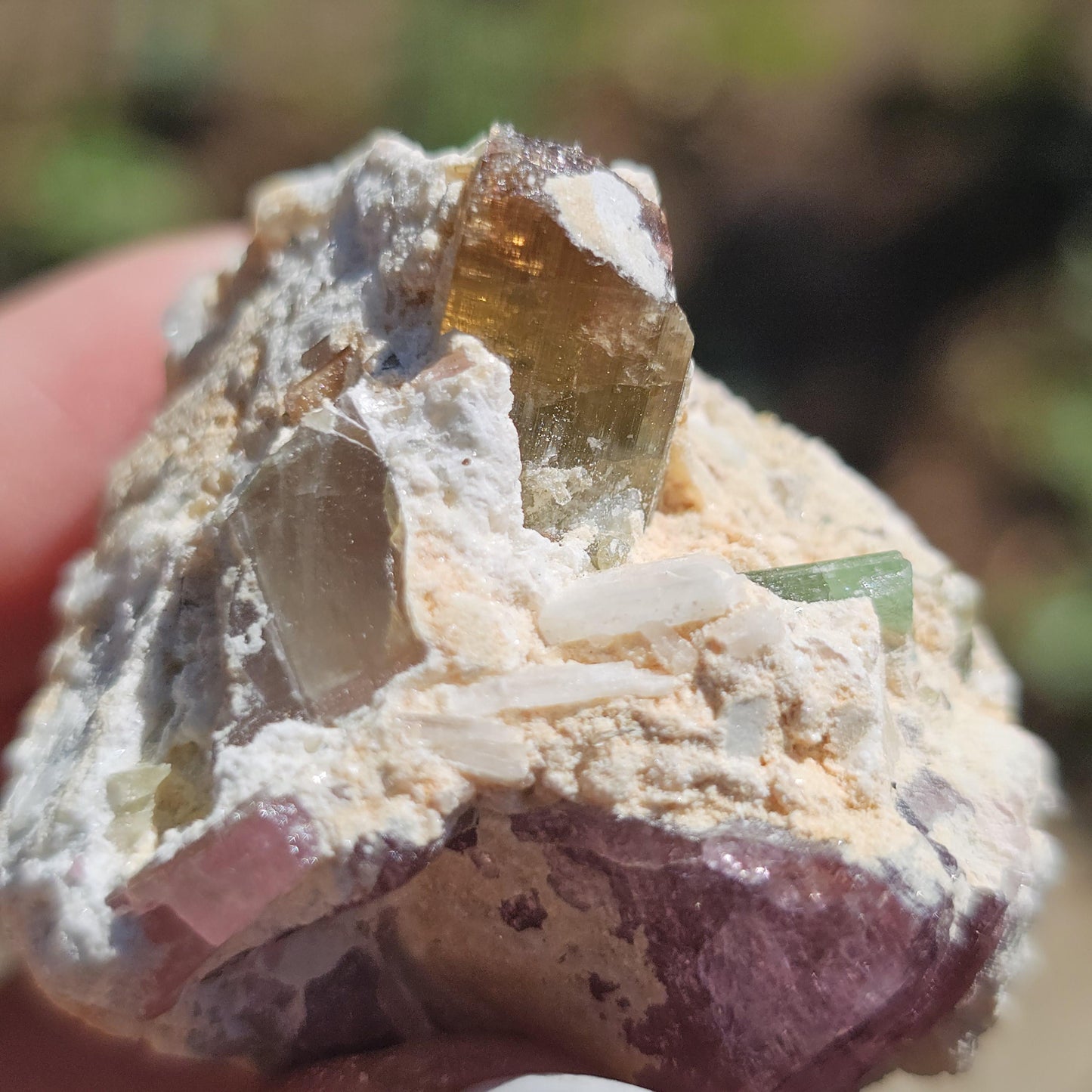 Parti-colored Tourmaline from the California Himalaya Mine ~ Pink, Teal Green and Orange Elbaite on Matrix, Source Traced 90s Material