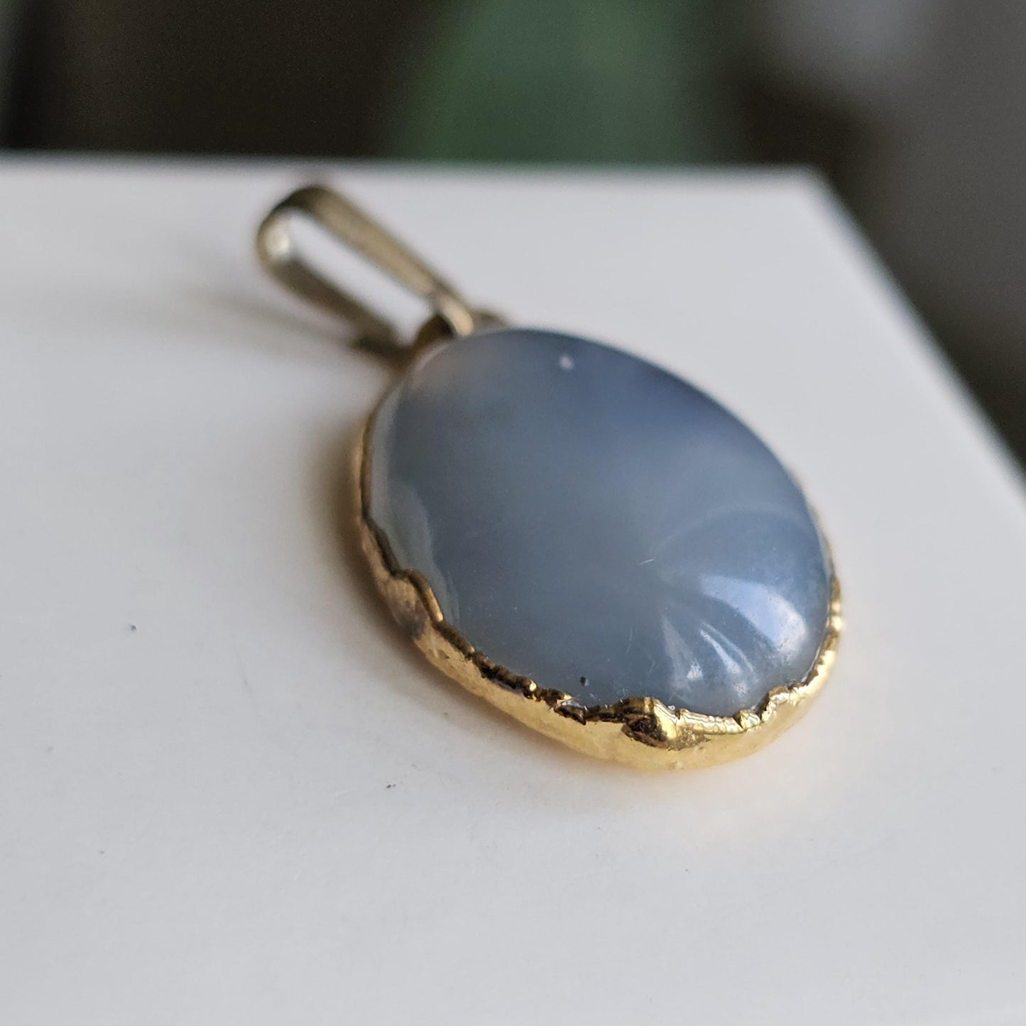 Ellensberg Blue Agate in 22kt Gold Electroplated Pendant Setting , Washington State Designer Gemstone Cabochon