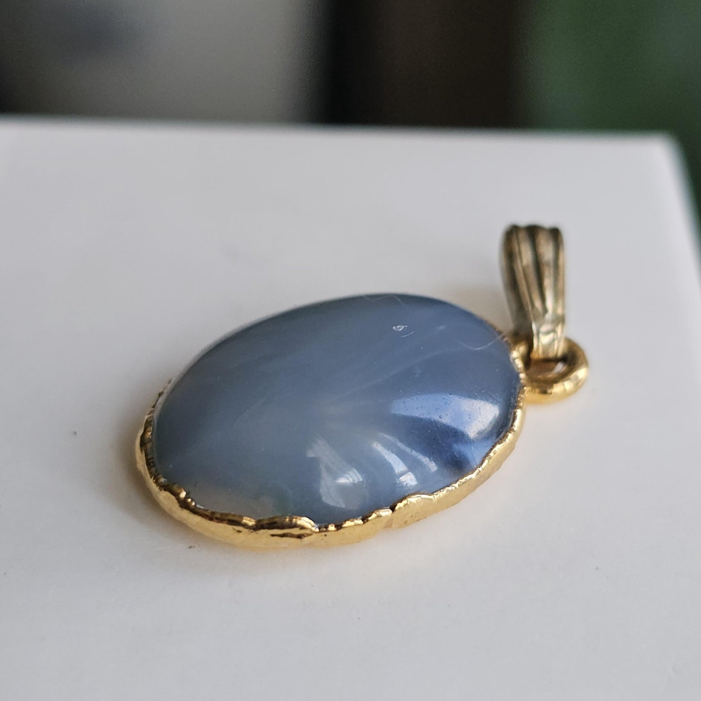 Ellensberg Blue Agate in 22kt Gold Electroplated Pendant Setting , Washington State Designer Gemstone Cabochon