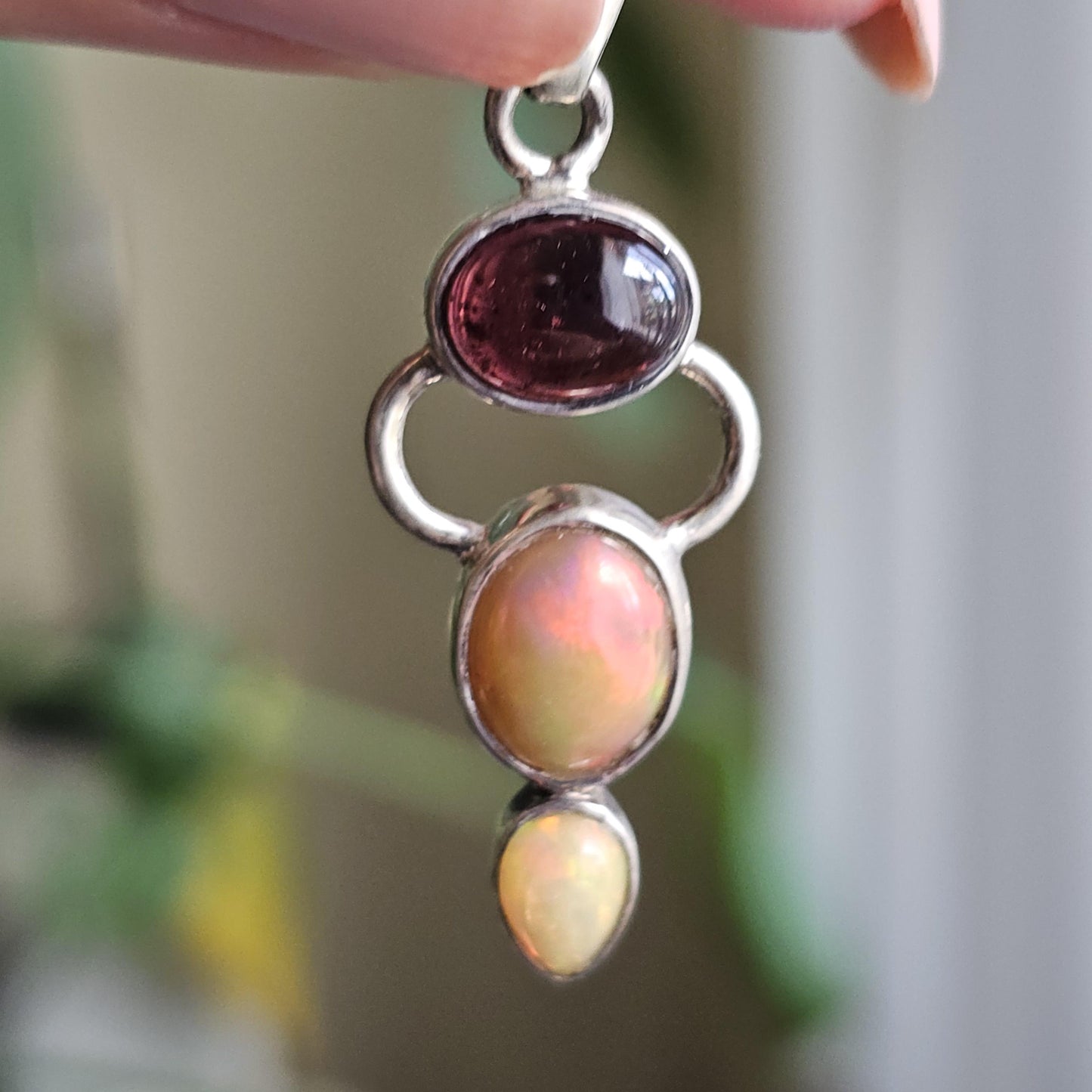 Opal and Garnet Pendant ~ Goddess Shape 925 Sterling Silver with Deep Red Garnet Cabochon and Welo Opals