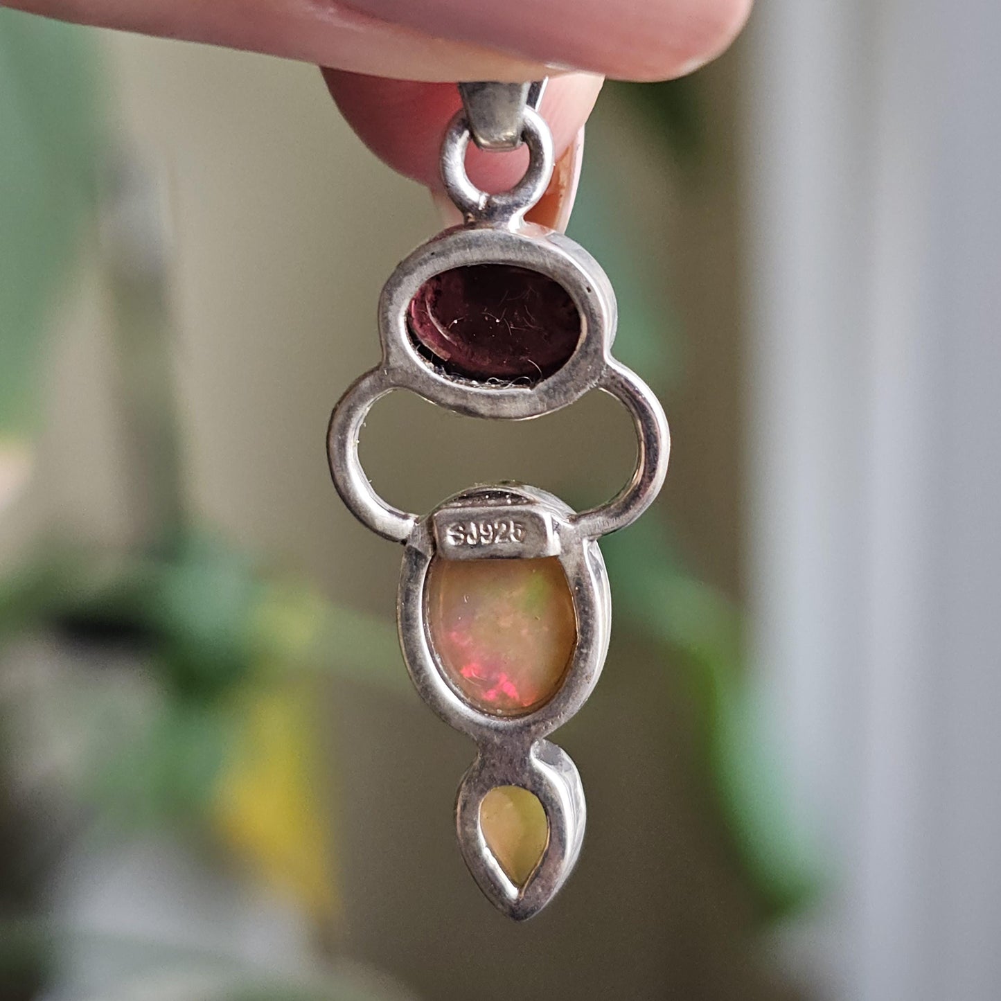 Opal and Garnet Pendant ~ Goddess Shape 925 Sterling Silver with Deep Red Garnet Cabochon and Welo Opals