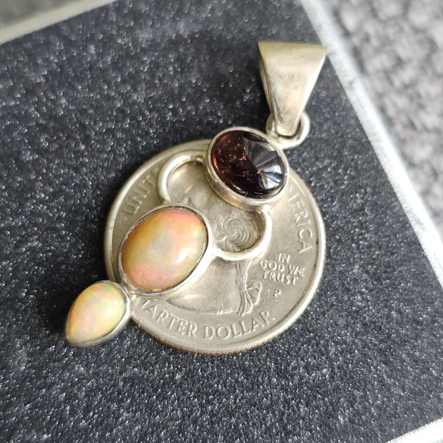Opal and Garnet Pendant ~ Goddess Shape 925 Sterling Silver with Deep Red Garnet Cabochon and Welo Opals