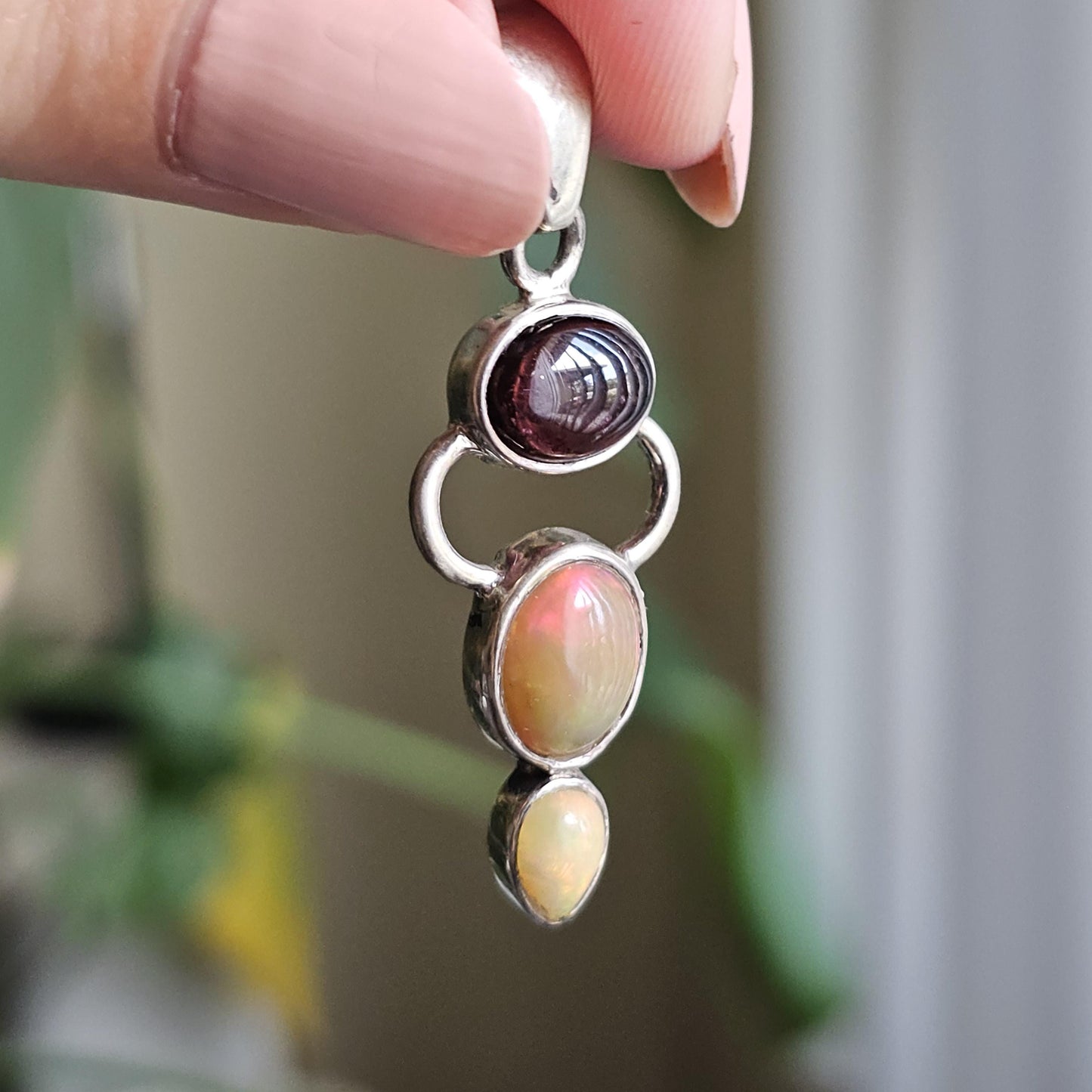 Opal and Garnet Pendant ~ Goddess Shape 925 Sterling Silver with Deep Red Garnet Cabochon and Welo Opals