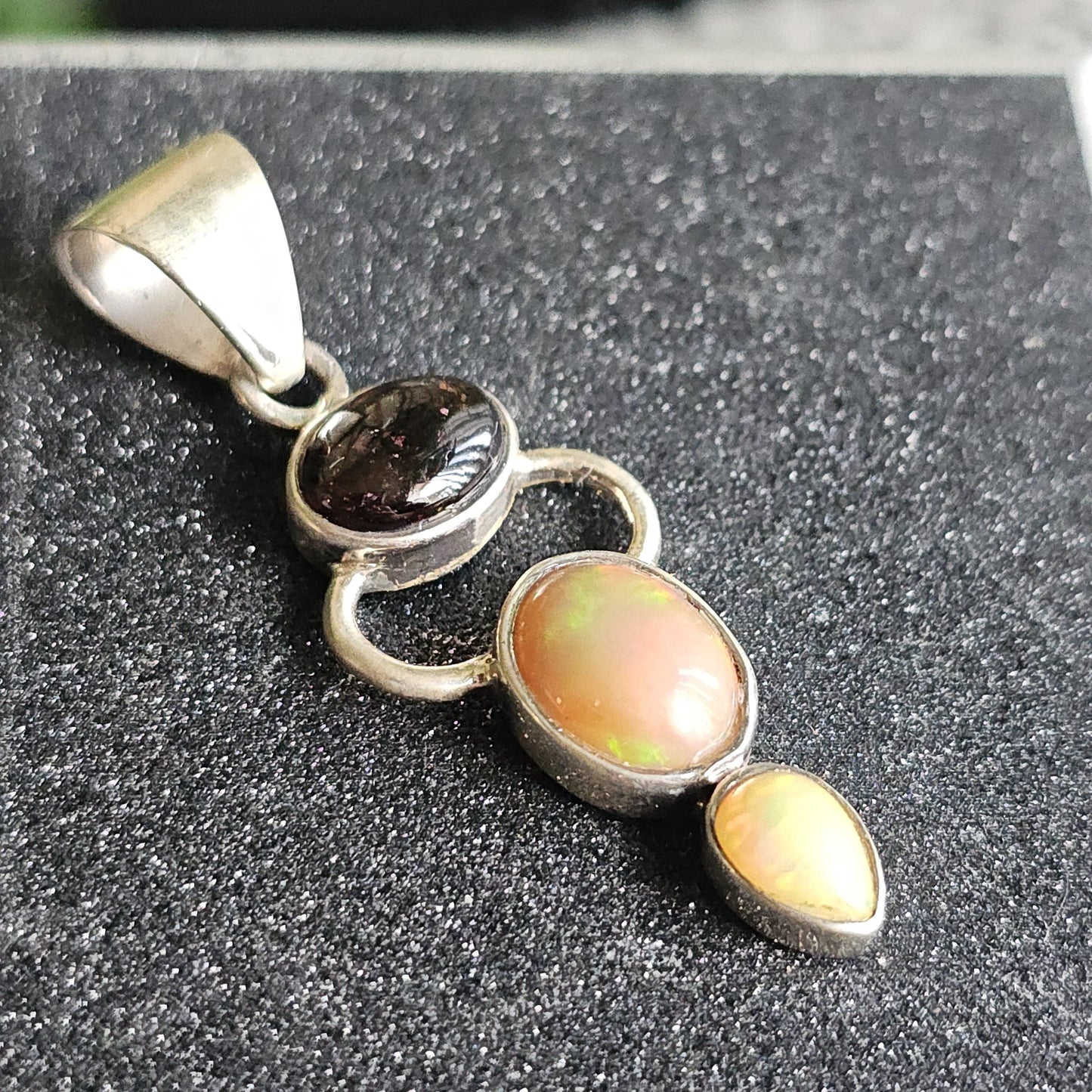 Opal and Garnet Pendant ~ Goddess Shape 925 Sterling Silver with Deep Red Garnet Cabochon and Welo Opals