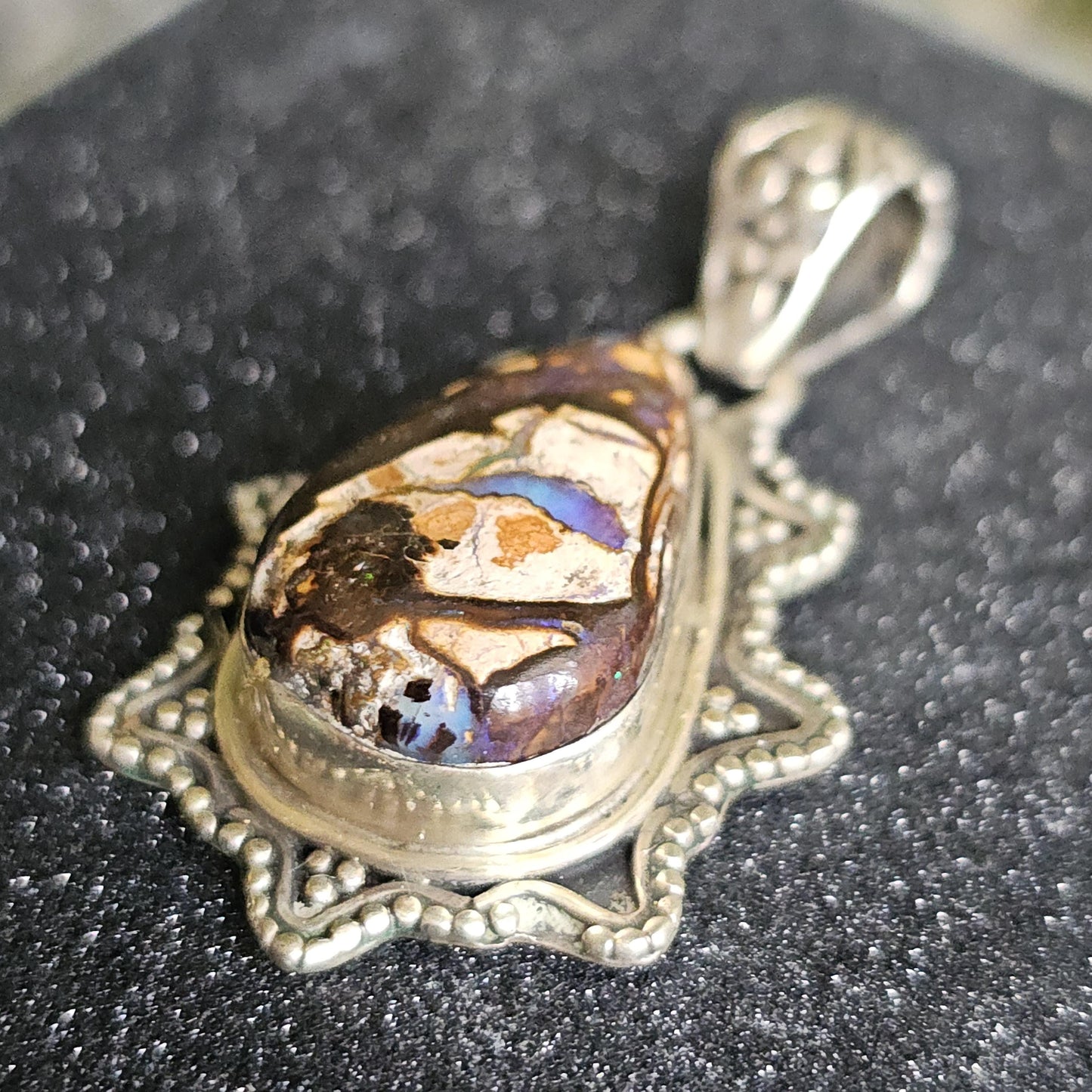 Vintage Boulder Opal Pendant in Sterling, Teardrop Shaped with Designer 925 Silver work