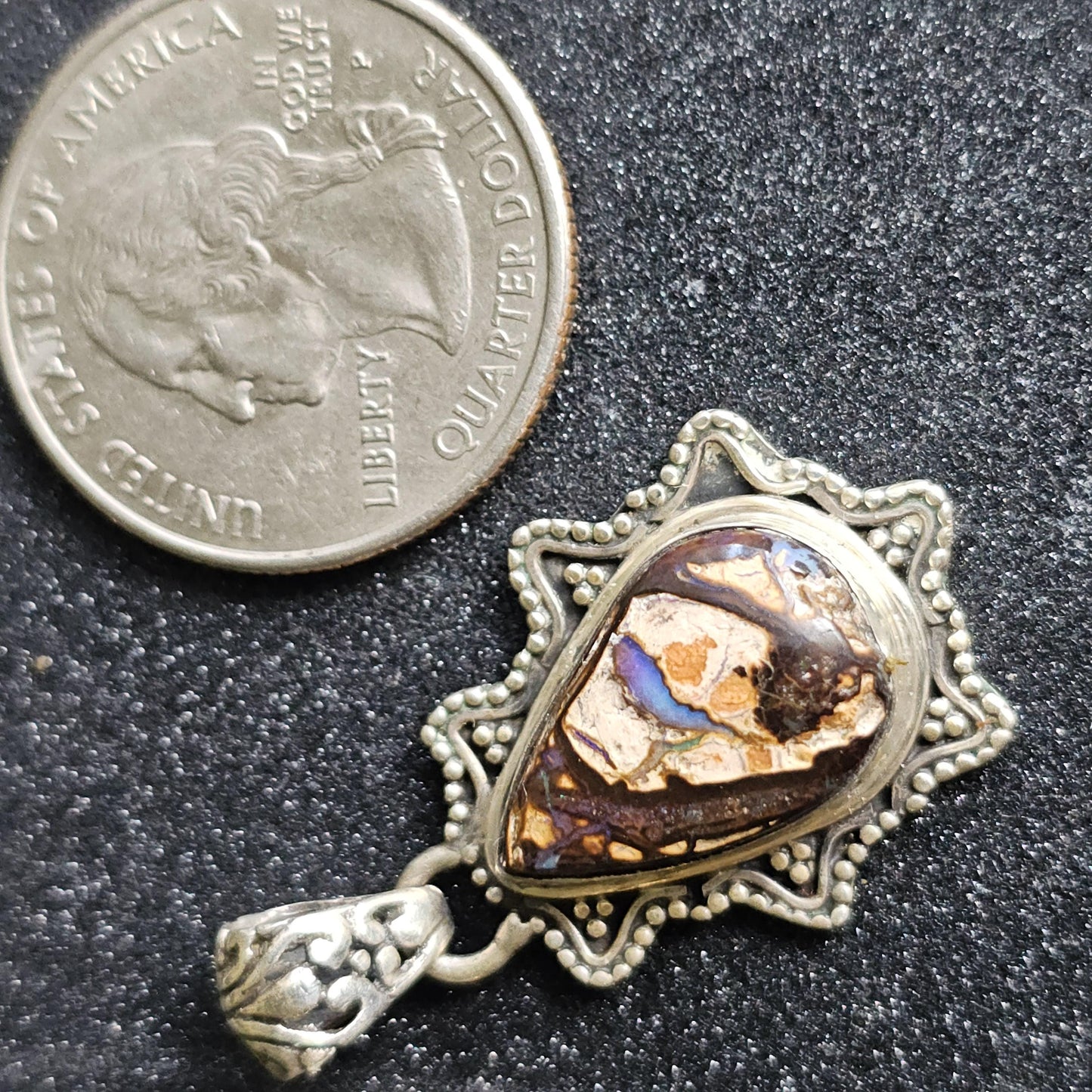 Vintage Boulder Opal Pendant in Sterling, Teardrop Shaped with Designer 925 Silver work