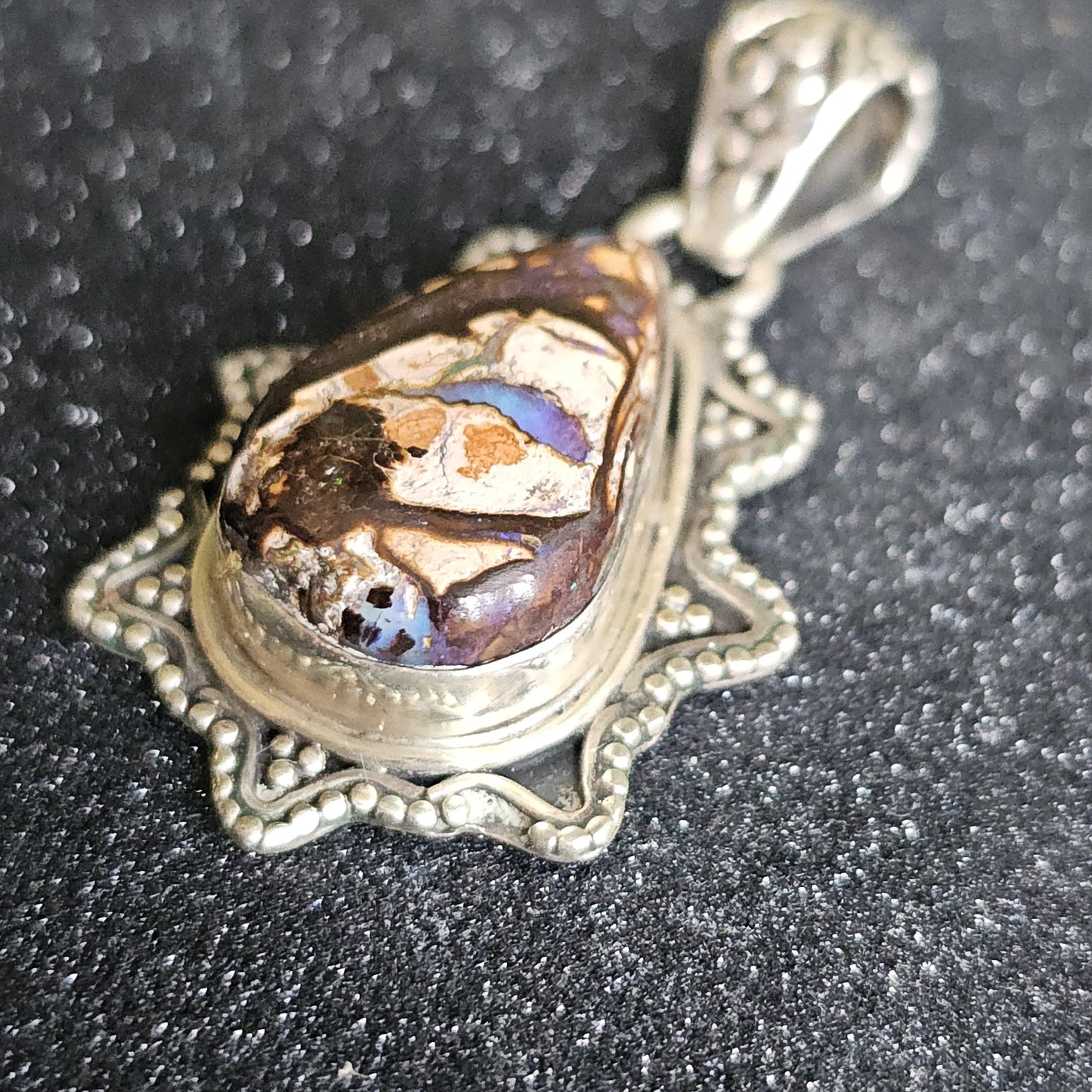 Vintage Boulder Opal Pendant in Sterling, Teardrop Shaped with Designer 925 Silver work