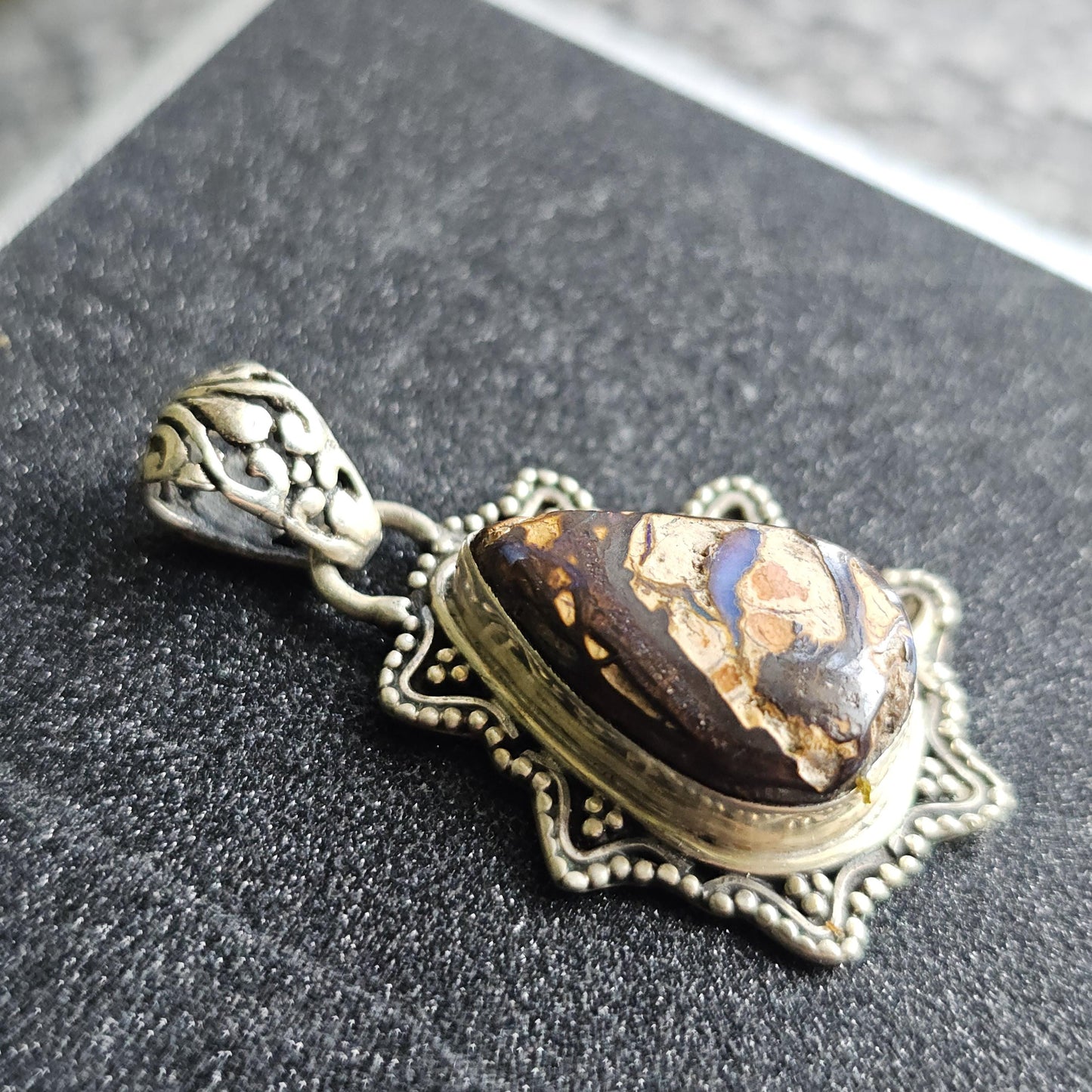 Vintage Boulder Opal Pendant in Sterling, Teardrop Shaped with Designer 925 Silver work